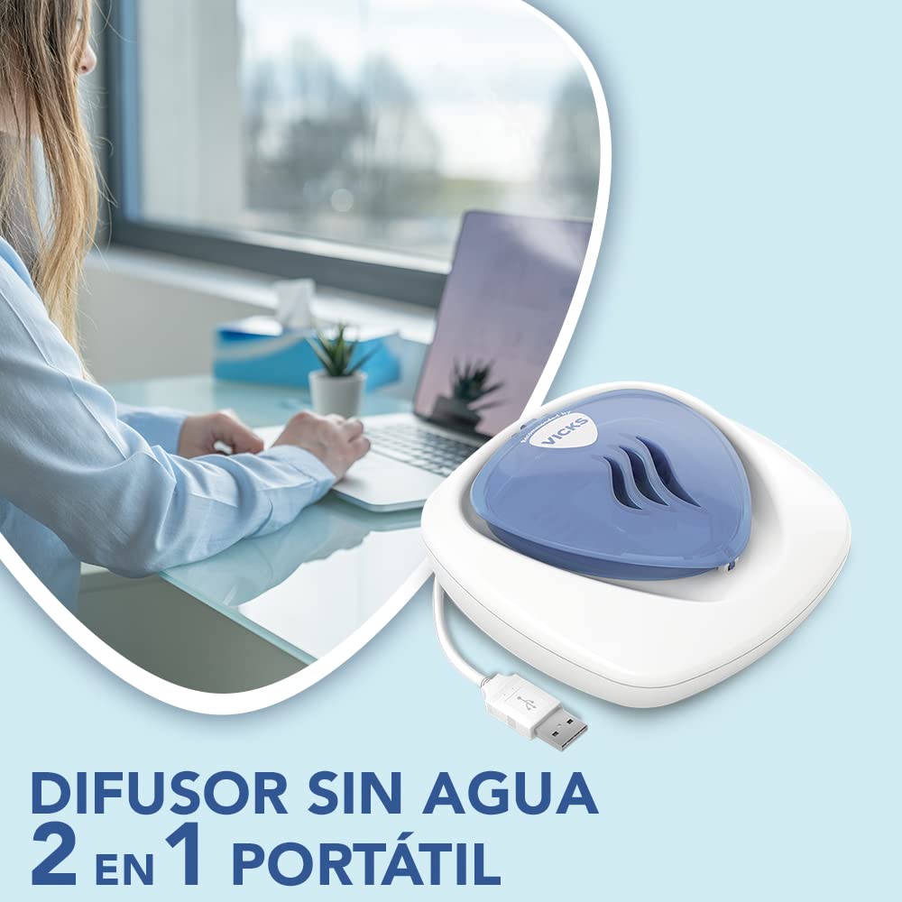 Vicks Difusor portátil sin agua, Conexión con USB, Respiración sencilla, Función de luz nocturna, Incluye tabletas de aceites esenciales, Para dormitorios infantiles y guarderías de bebés, VH1800JUVEU