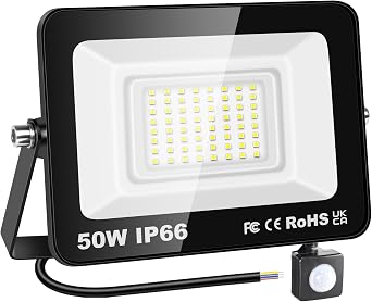 RIGIDON 50W Motion Sensor Light Outdoor 5000LM Super Bright LED Flood Outdoor Lights 6000K Daylight White IP66 Waterproof Security Lights for Garden, Garage, Yard, Sports Ground White, 50W