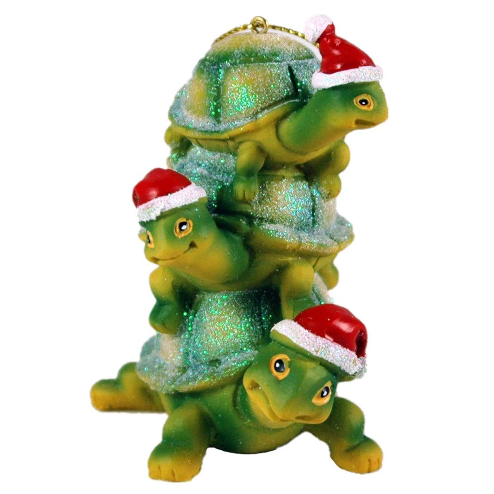 Glittery Turtles With Santa Hats Resin Hanging Christmas Ornament