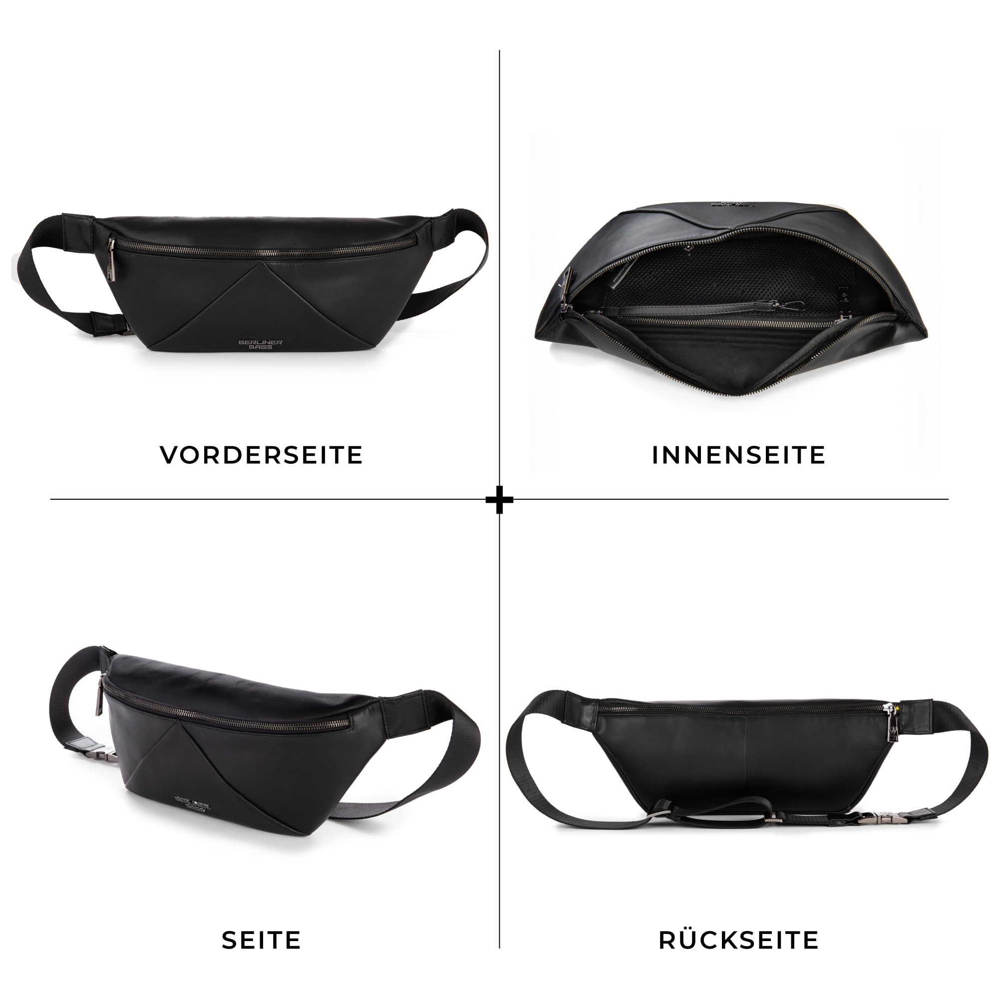 Berliner Bags Premium Bauchtasche Feline, Umhängetasche aus Leder, Crossbody Tasche, Gürteltasche für Damen und Herren - Schwarz
