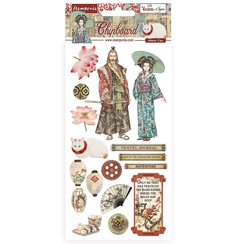 Stamperia International Stamperia-Adhesive Sir Vagabond in Japan, Paper, Red, Teal, Brown, 17 Shapes