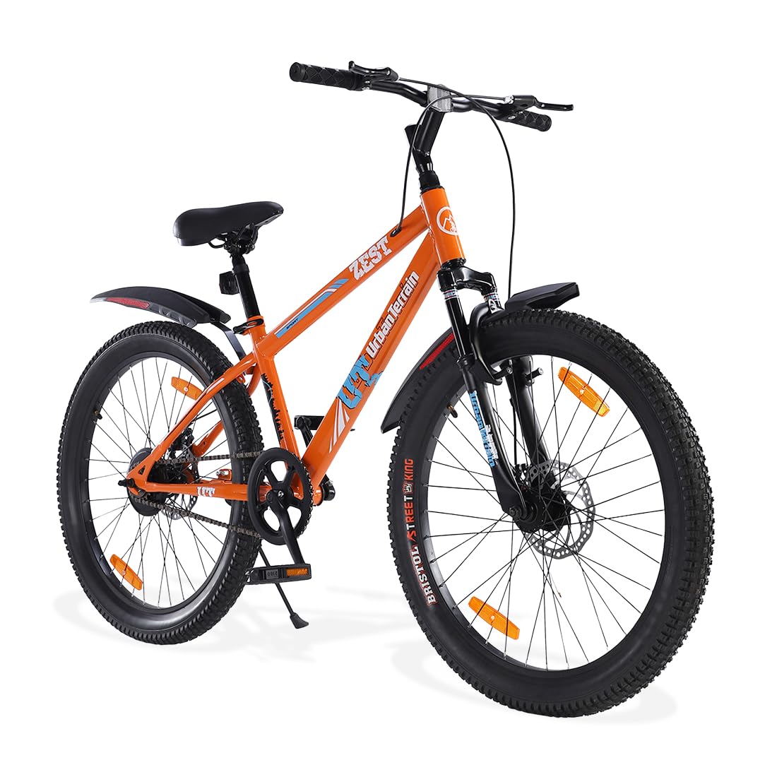 Urban Terrain Zest Bicycle/Cycle for Boys 24 inch Mountain Bike with Dual Disc Brake & Front Suspension Single Speed Cycle for Boys/Girls | Ideal for 9-13 Years, Frame Size : 14 inch (Orange)