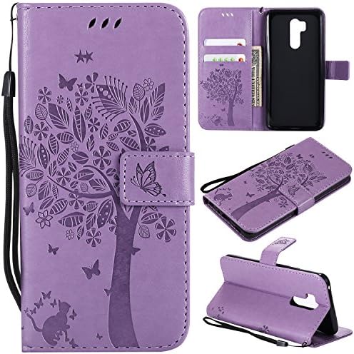 for LG G7 ThinQ Case,for LG G7 Wallet Case with Screen Protector,for LG G7 PU Leather Protective Case Emboss Cat Tree Folio Magnetic with Card Holder Kickstand and Flip Case for LG G7 Light Purple
