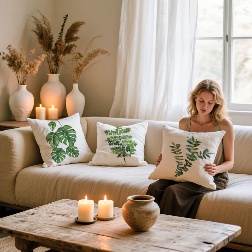 Kissenbezug 45x45 4er Set Outdoor Kissen Leinen, Boho Deko für Deko Wohnzimmer, Garten, Balkon