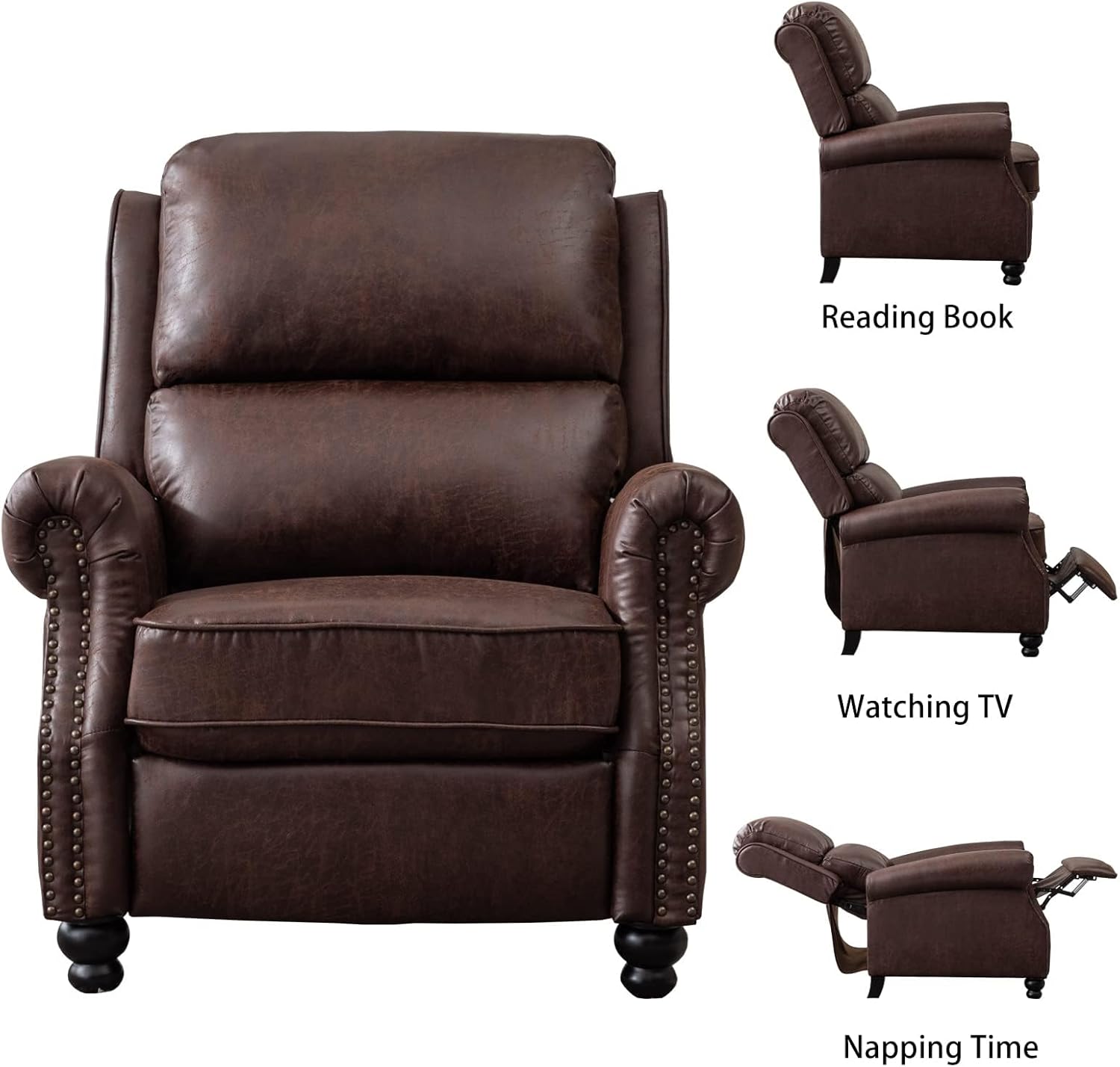 CANMOV Faux Leather Pushback Recliner Chair with Rivets, Reddish Brown
