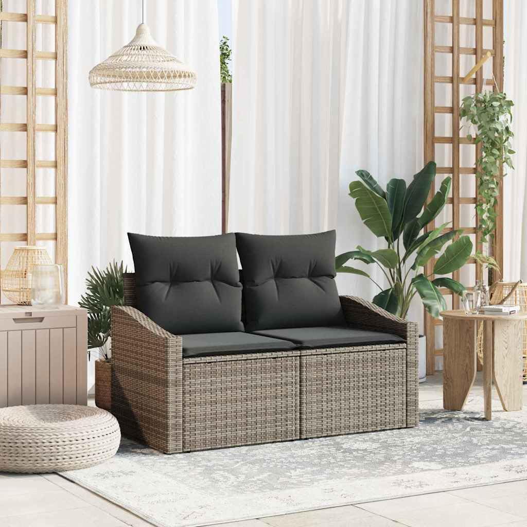 Sofa ogrodowa 123 x 62 x 69 cm z polirattanu z poduszkami, ławka do siedzenia na zewnątrz na taras i balkon, odporna na warunki atmosferyczne sofa rattanowa, szara