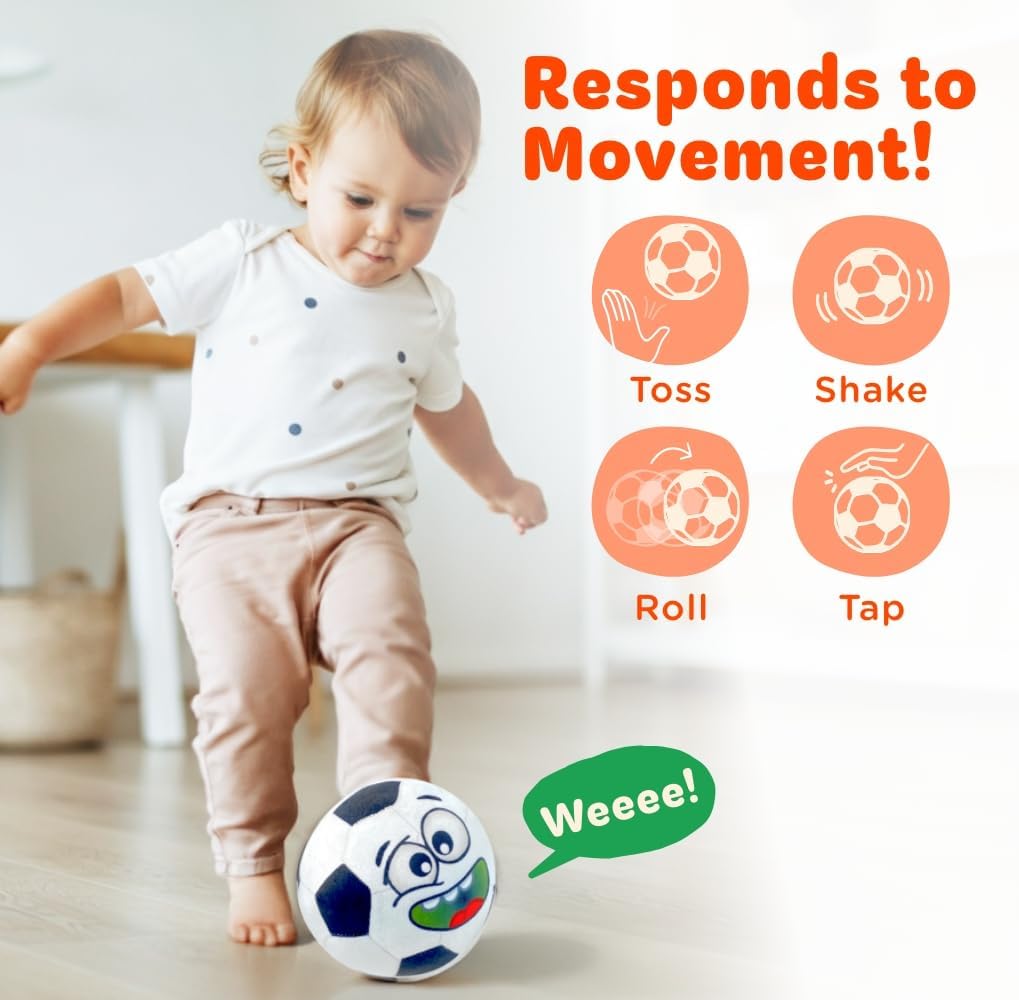 A toddler playing with the soccer ball, with icons illustrating how the ball responds to toss, shake, roll, and tap movements.