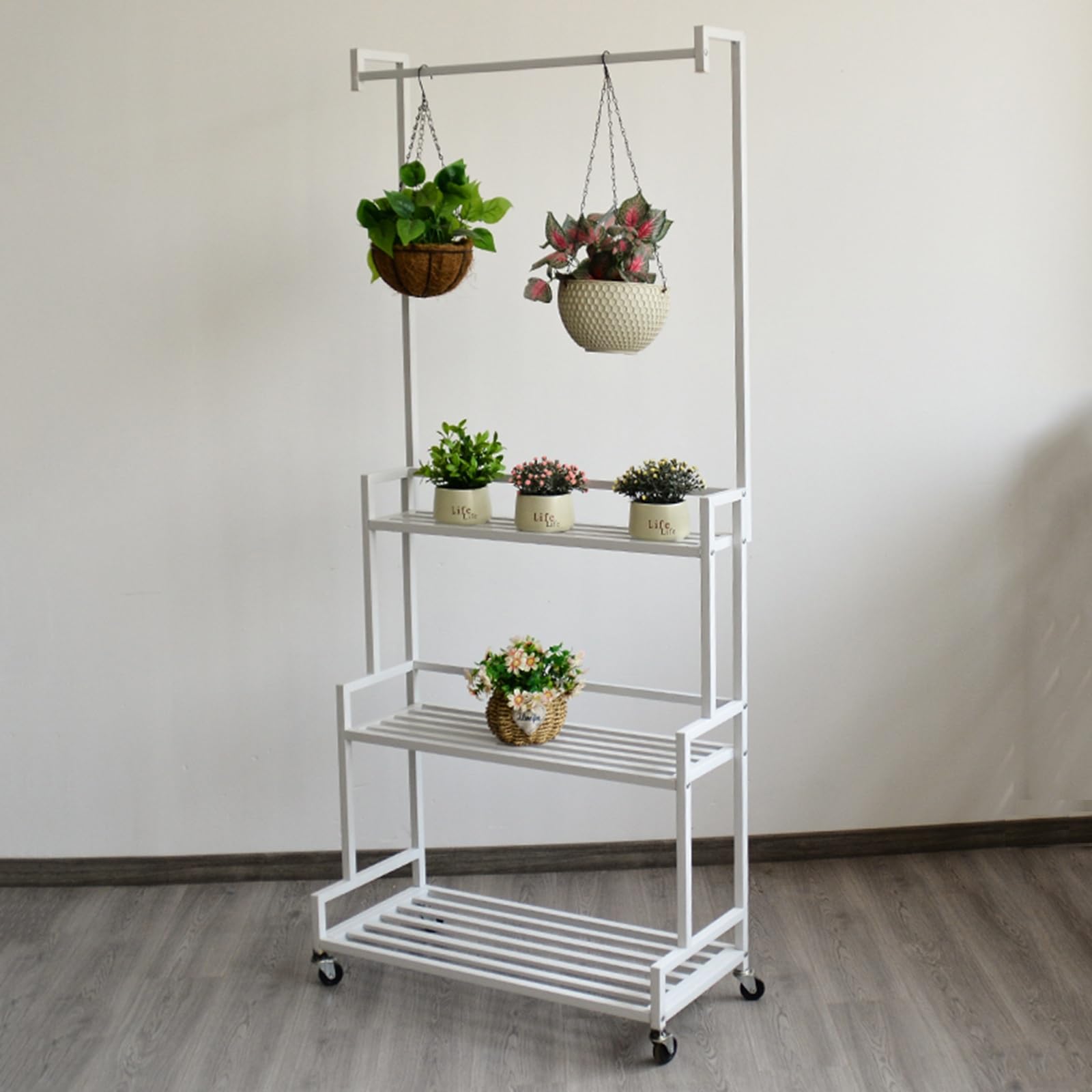 3-poziomowy metalowy stojak na rośliny, wisząca półka z rolkami, 188 cm wysokości, stojak na kwiaty, stojak w kształcie drabiny, do salonu, na balkon, patio, do ogrodu, biały, 100 cm
