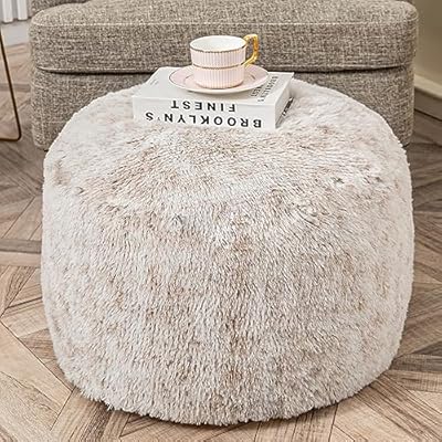 Stuffed Pouf Ottoman with Modern High-Density Foam Plush Fiber Pouf Stool Ottoman Round Foot Stool Cushion Storage Ottoman 20 * 12''Floor Poufs Ottoman Foot Rest for Living Room (Snow Coffee)