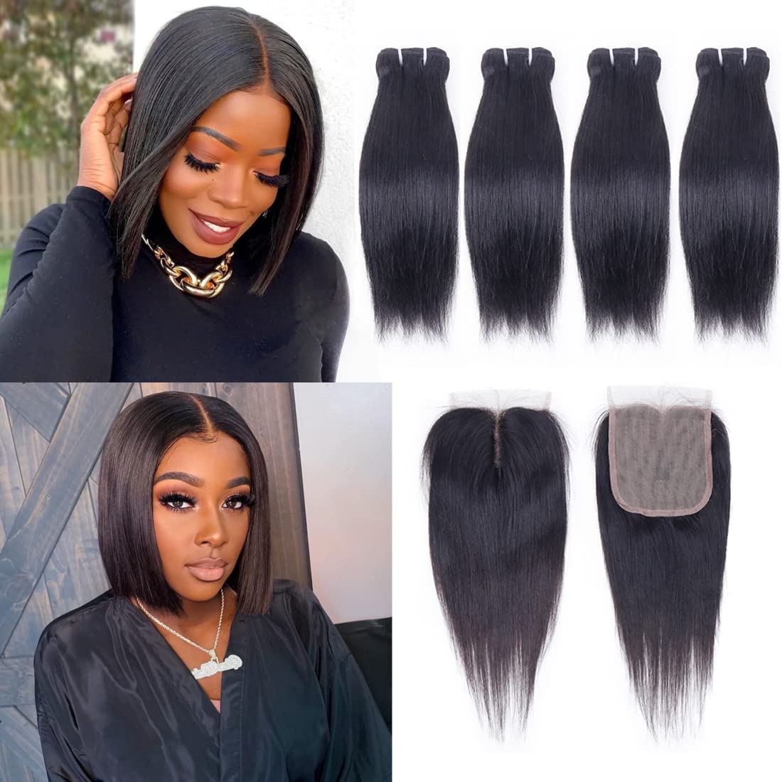 Straight Human Hair Bundles with Closure(10 10 10 10+10) Straight 4 Bundles and Closure 50g/bundle Unprocessed Straight Brazilian Short Bob Hair Natural Color