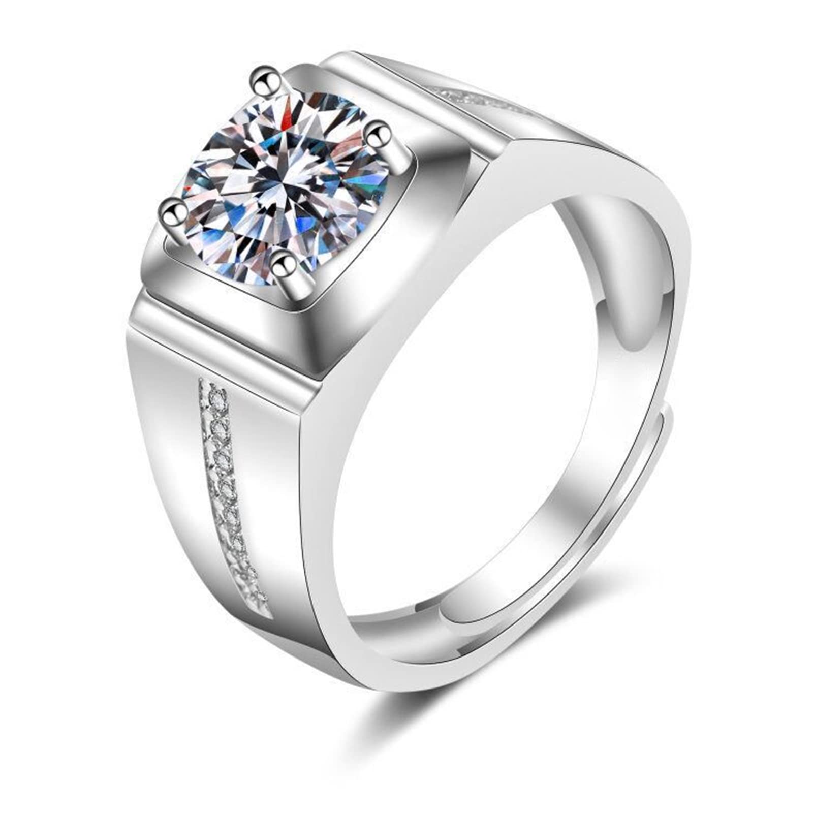 Anillo de eternidad de oro blanco de 14 quilates para hombres, anillo de boda ajustable con sello ancho de 4 puntas redondas de laboratorio de diamantes de laboratorio, oro blanco