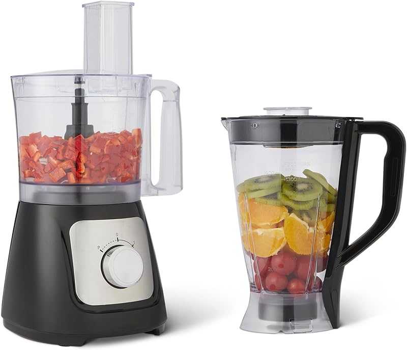 Amazon Basics Robot culinaire et fouet à 2 vitesses, bol de 2,4 litres et carafe de 1,5 litre, 800 W