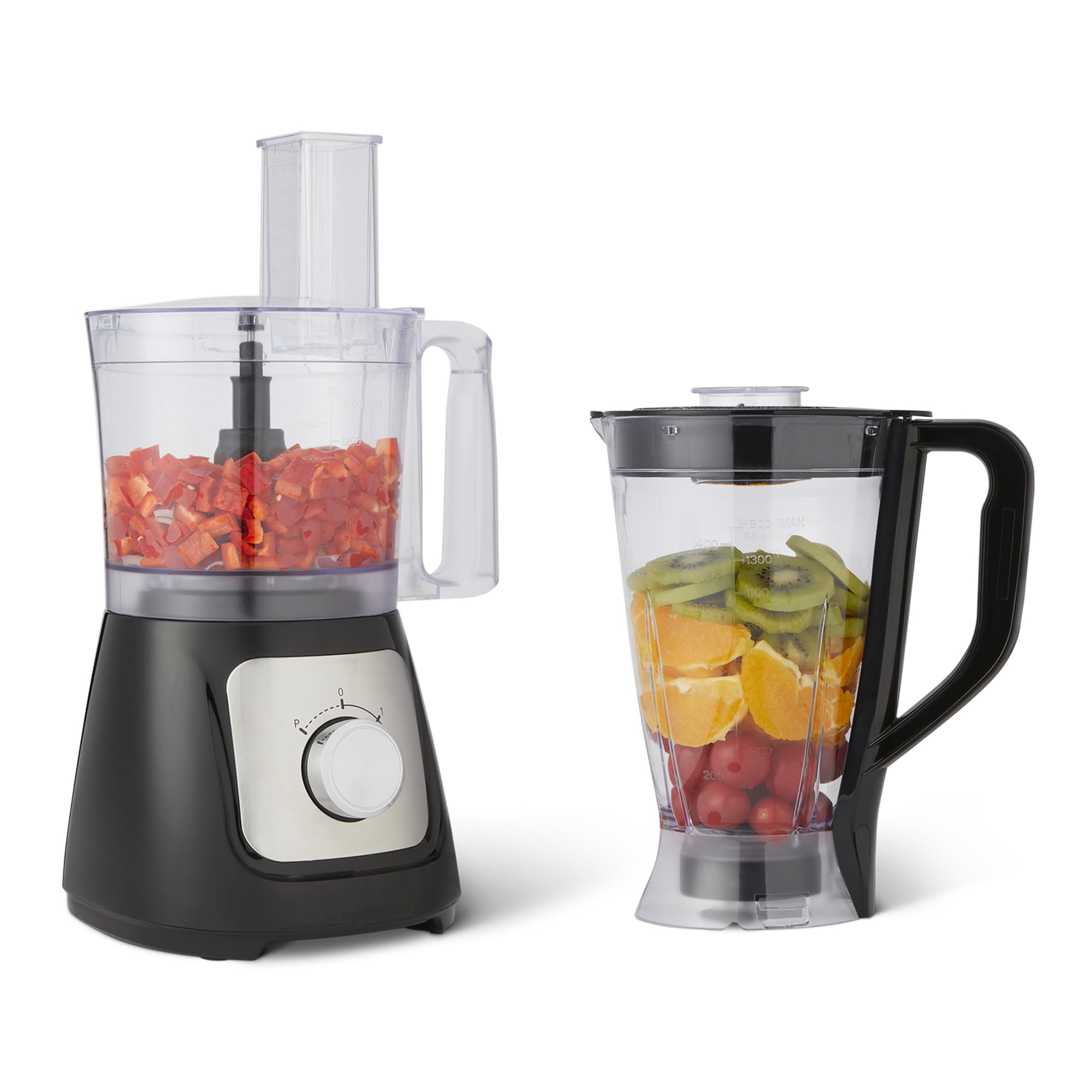 Amazon Basics Robot culinaire et fouet à 2 vitesses, bol de 2,4 litres et carafe de 1,5 litre, 800 W, noir