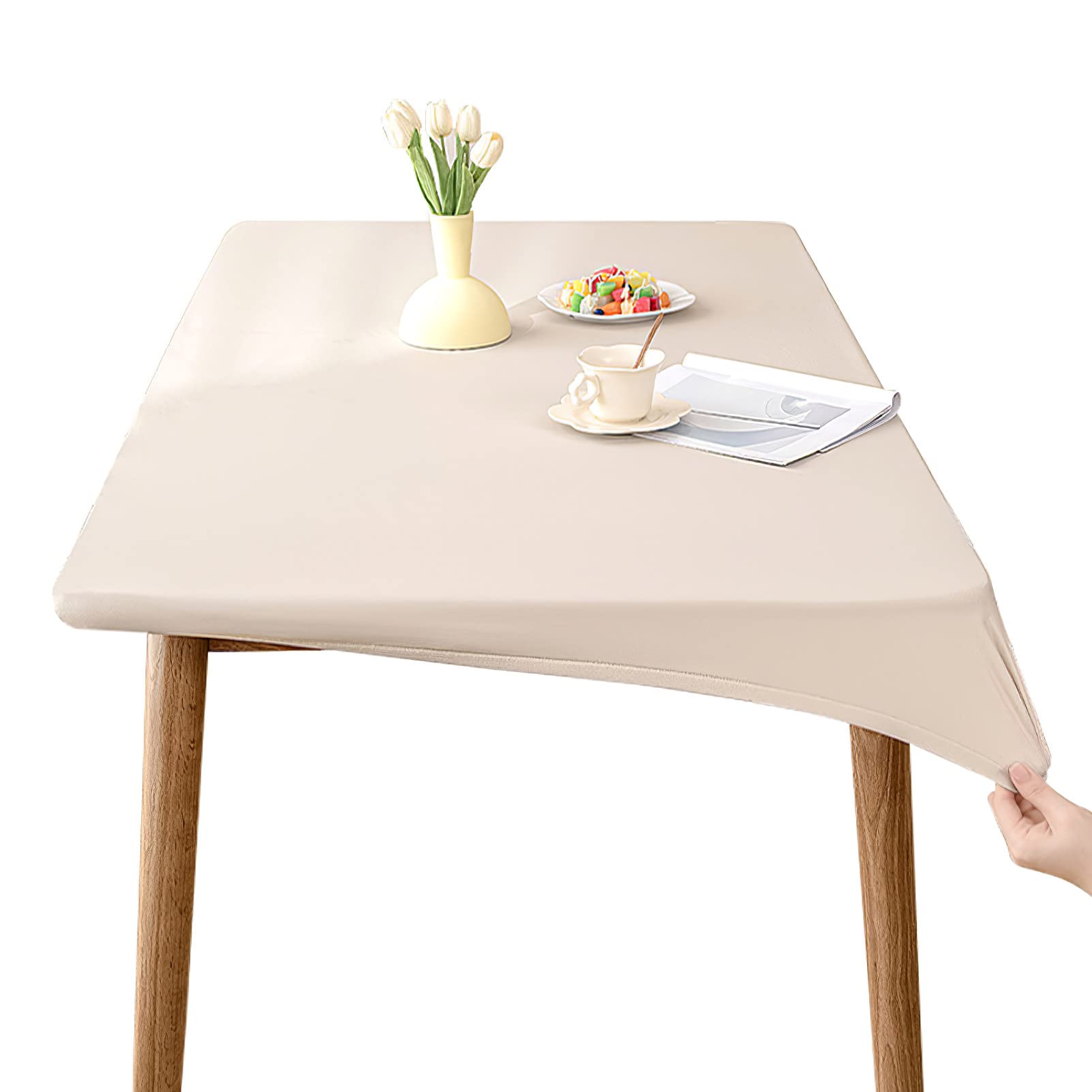 rismart Elastico Tovaglie Pelle di Pu Rettangolare Impermeabile Prova di Olio Copertura Tovaglia Beige,80_x_140 cm