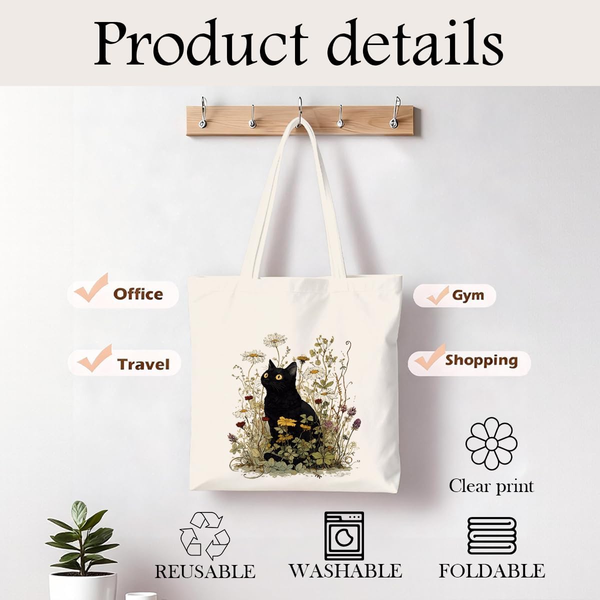 Black Cat Canvas Tote Bag for Women, Vintage Tote Reusable Shopping Grocery Shoulder Bag, Aesthetic Cat Lover Gift - Image 4