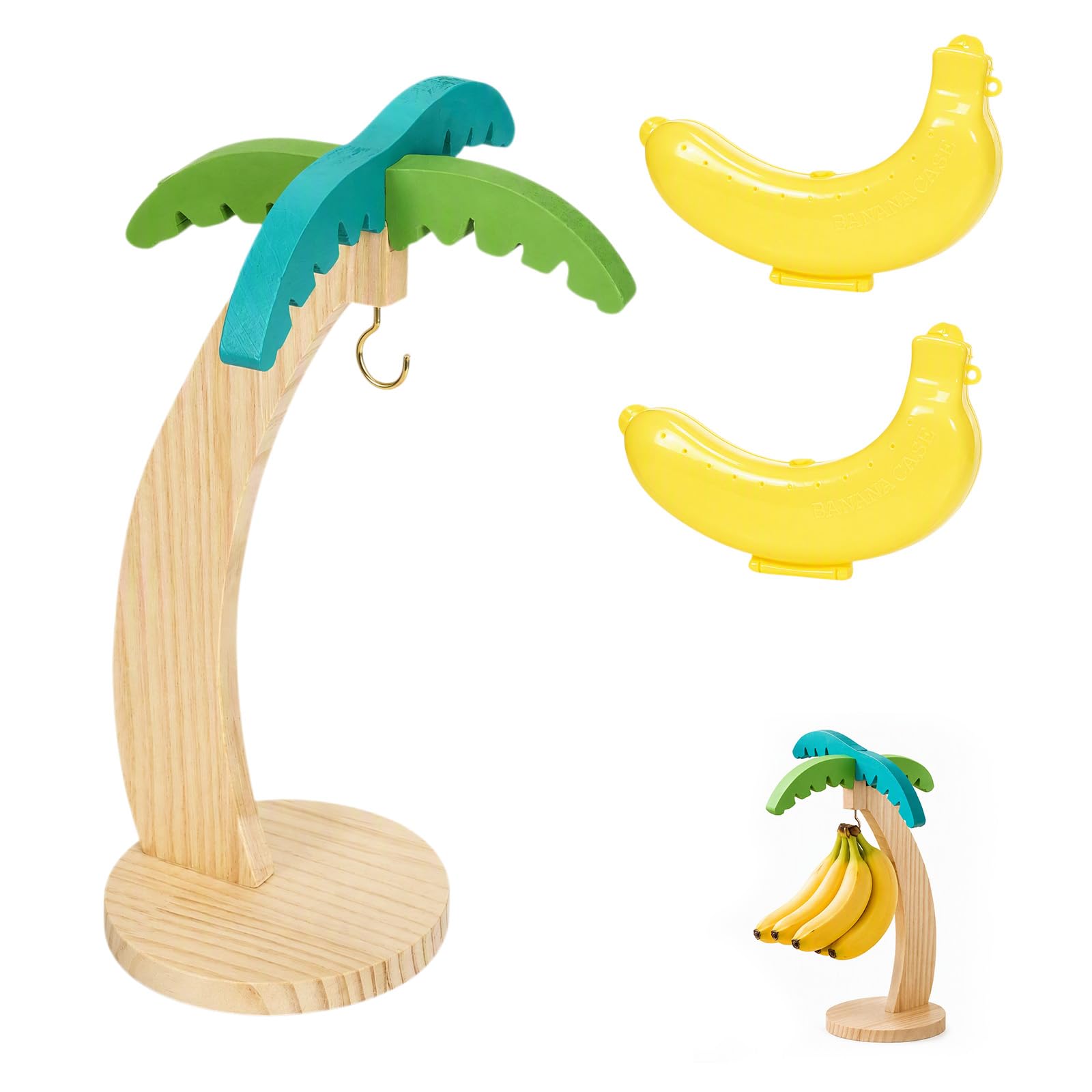 3Pcs Banana Holder Case Set, Wooden Banana Tree Stand with Metal Hook