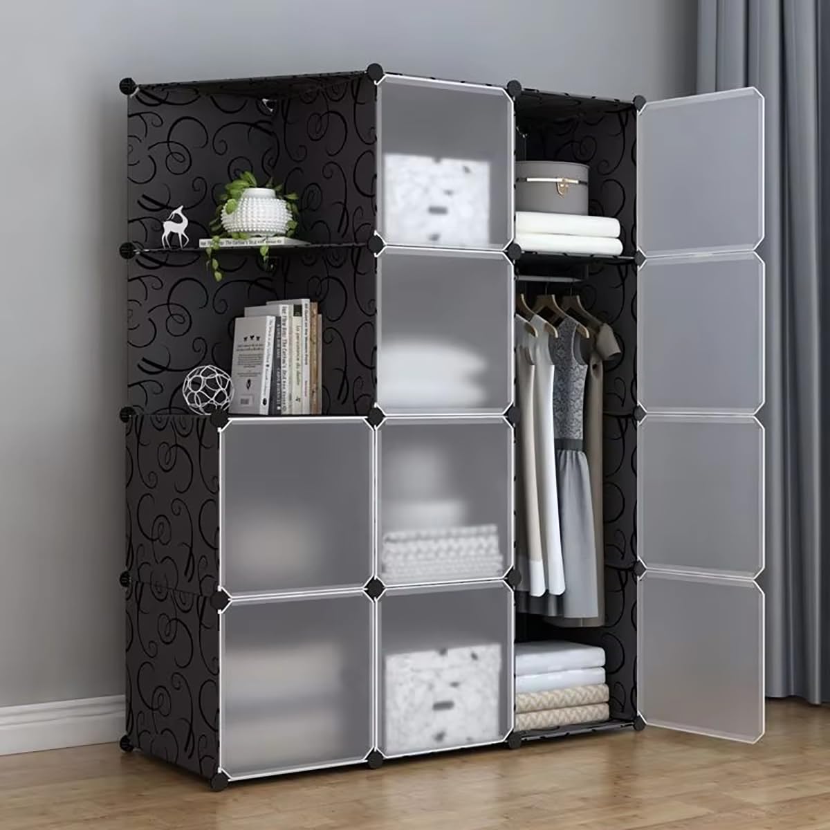 Sunderlook Plastic Wardrobe for Kids Clothes – Professional Collapsible Wardrobe, Easy to Use Foldable Almirah, Plastic Cupboard for Kids for Home (Black-N5, 10 Door)
