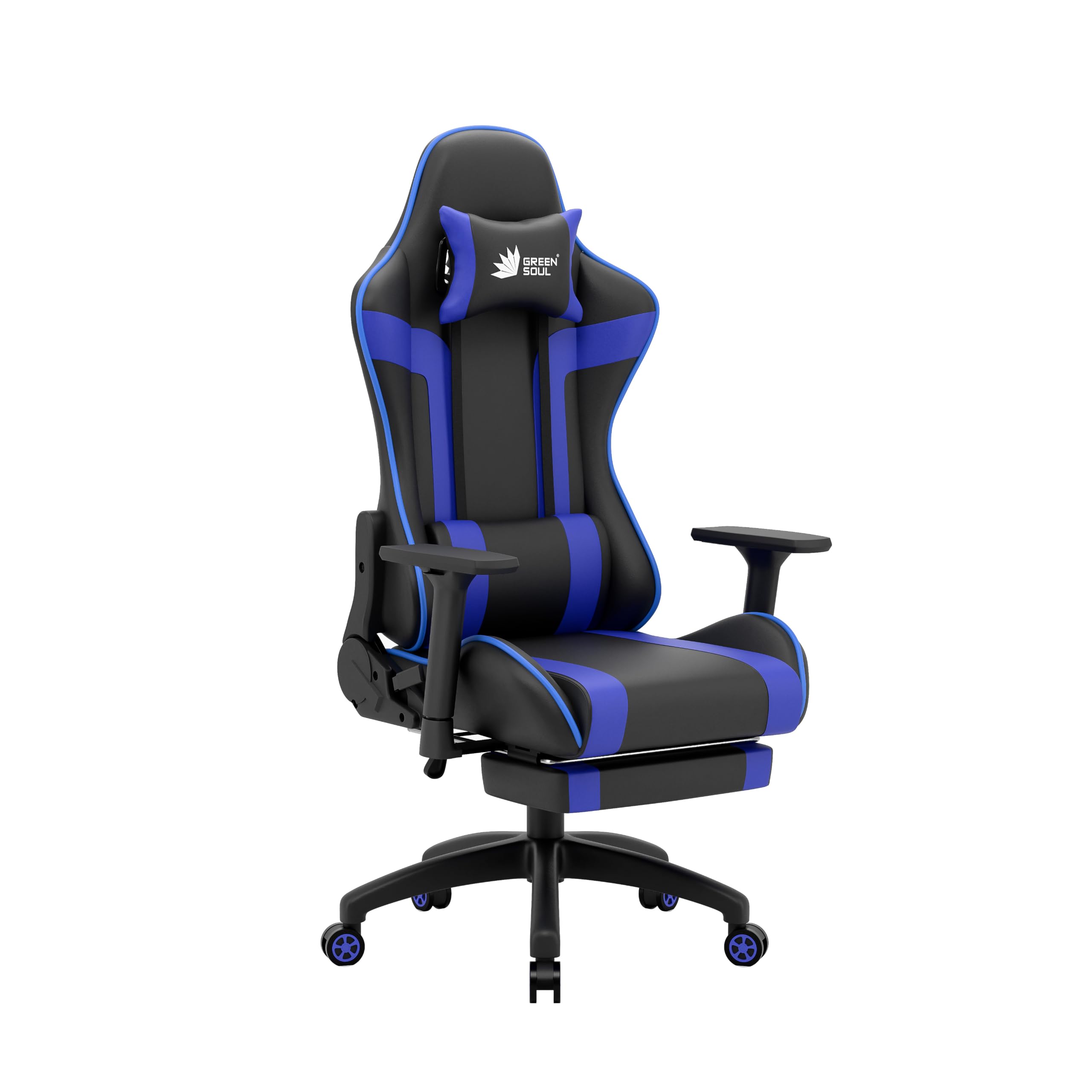 Green Soul Raptor Pro Racing Edition|Ergonomic Gaming Chair with Massager & Legrest|Premium Fabric | 3D Armrest | Adjustable Neck & Lumbar Pillow|3 Year Warranty (Black & Blue)