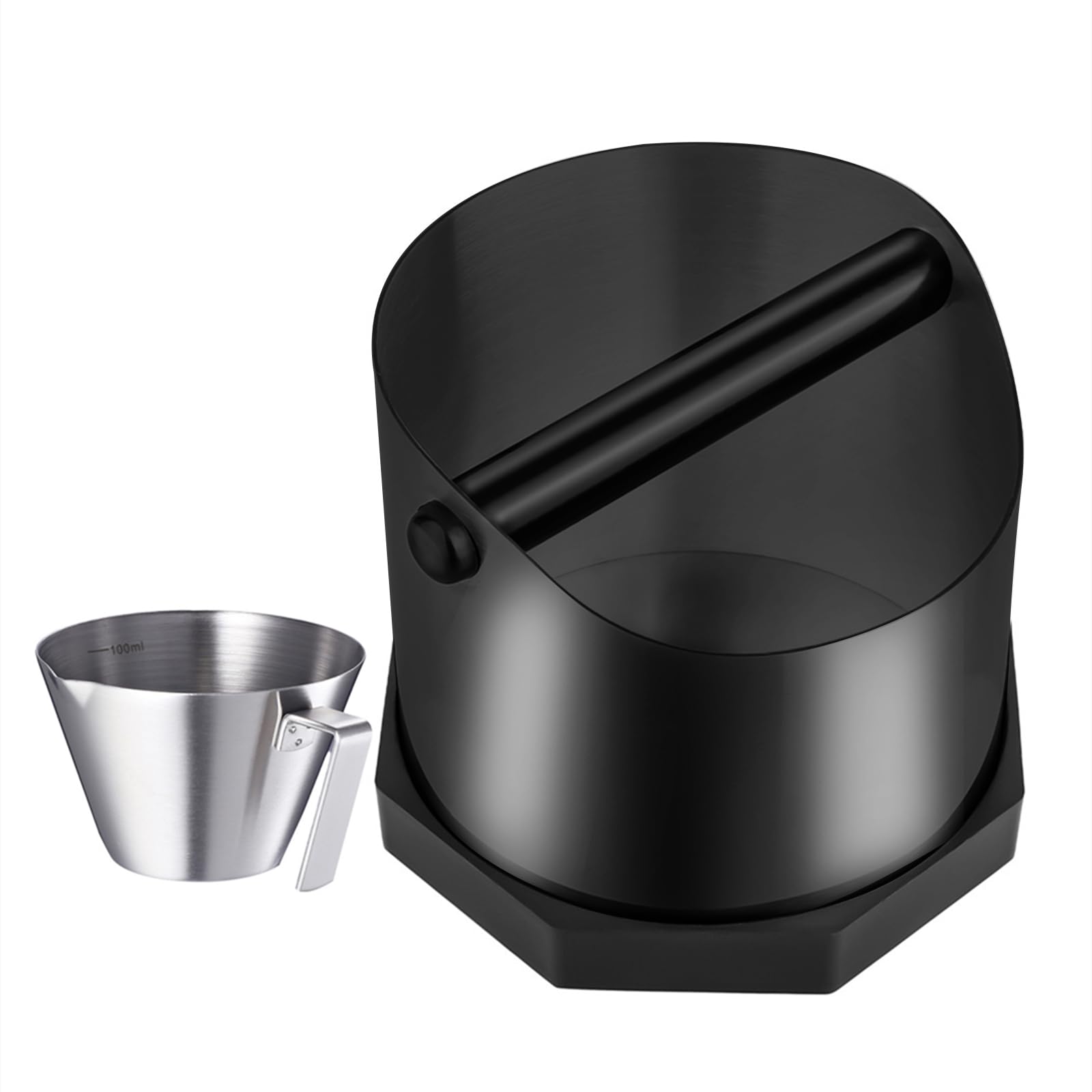 Coffee Knock Box, Large Capacity Espresso Knock Box with Non-Slip Base, Coffee Measuring Cup, Coffee Puck Knock Box Stainless Steel for Espresso Machine Coffee Grounds (Black)