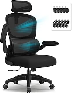 Bürostuhl, Schreibtischstuhl, Bürostuhl Ergonomisch mit Verstellbarer Kopfstütze, Lendenwirbelstütze und Klappbaren Armlehnen, Ergonomischer Stuhl 150 kg, Wippfunktion bis 135°, mit Gummirollen
