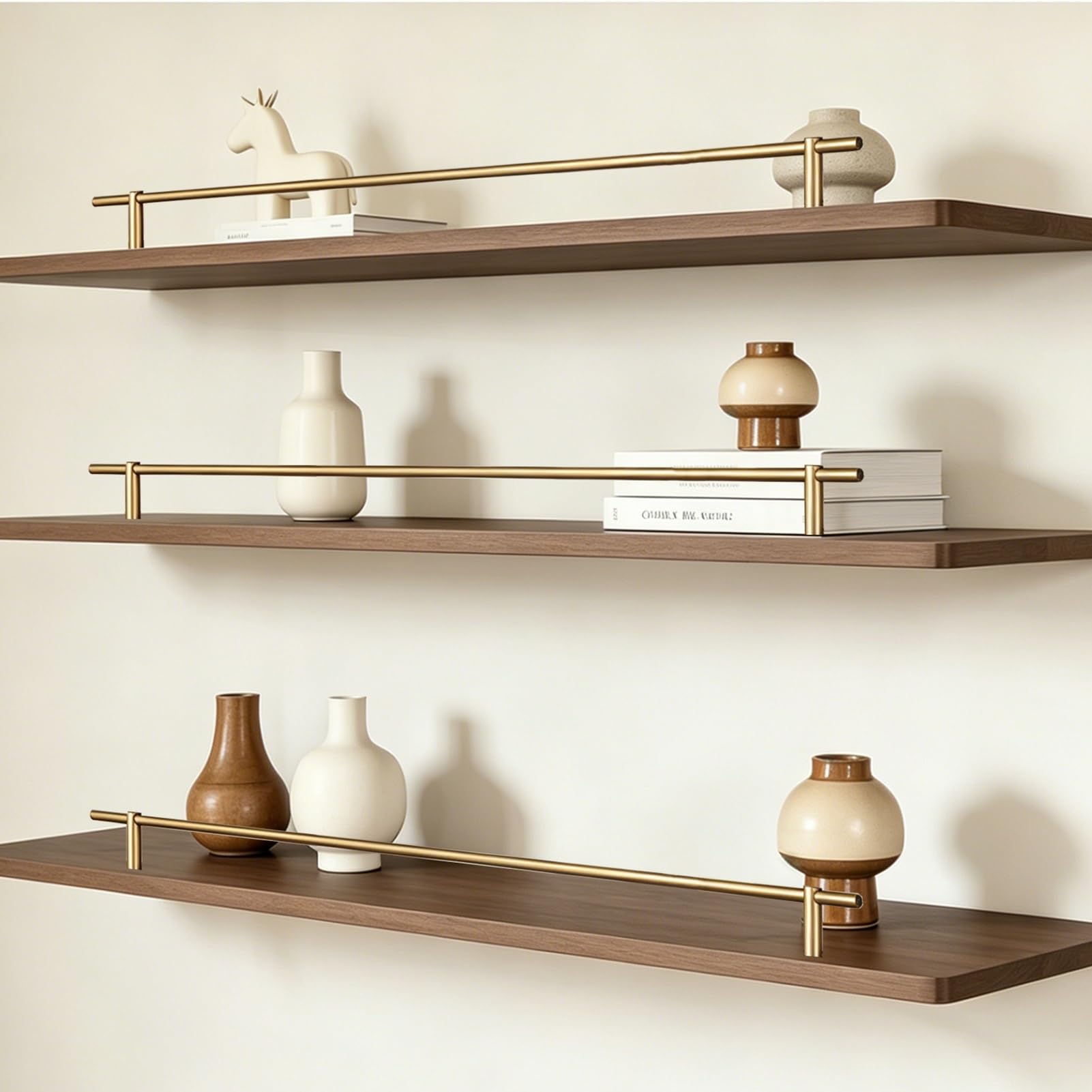 Set of 3 Decorative Tipping Shelf Rails Brushed Gold, Office Bookshelves Guard Rail Thin Aluminum Pole, Cabinet Shelf Rail Fence Set with 2 Spindles(41in(104cm))