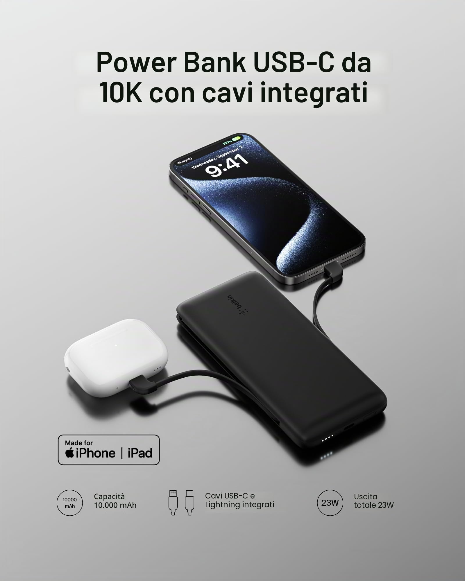 Belkin BoostCharge Plus Batteria esterna portatile 10K (power bank 10.000 mAh con cavi Lightning (MFI) e USB-C integrati e porta di ricarica USB-C aggiuntiva) - Nero