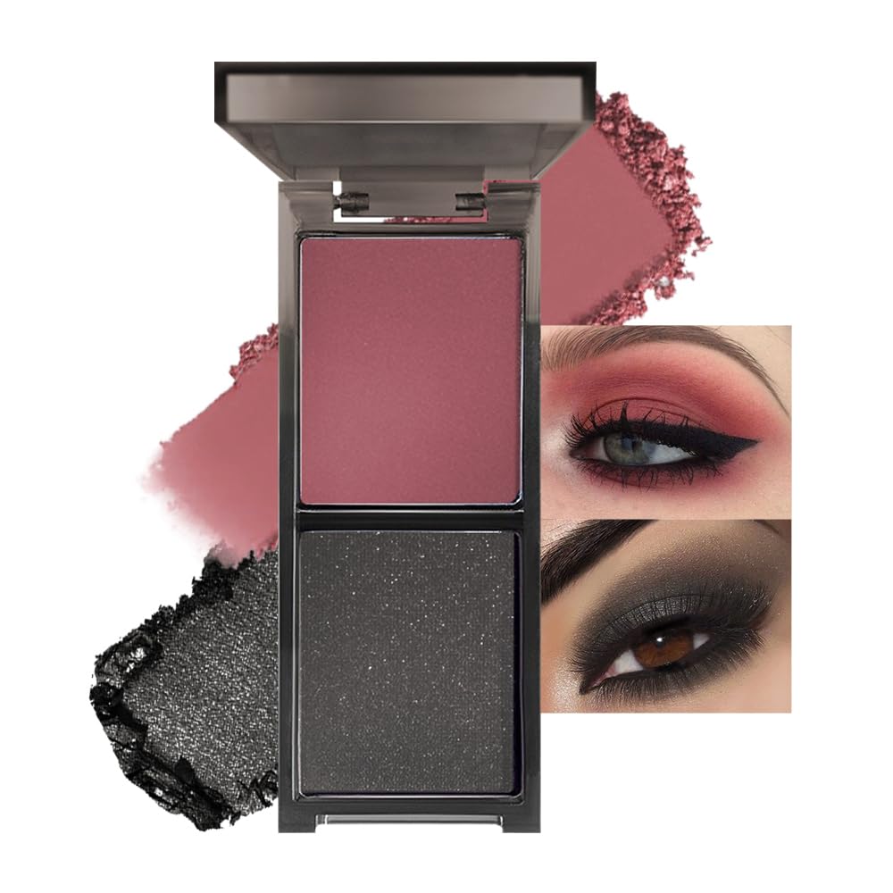 Two Color Matte Shimmer Eyeshadow, Wine Red Black Double Pigment Eye Shadow Powder,Long-Lasting Waterproof Makeup Palette,Blendable,Easy-To-Apply and