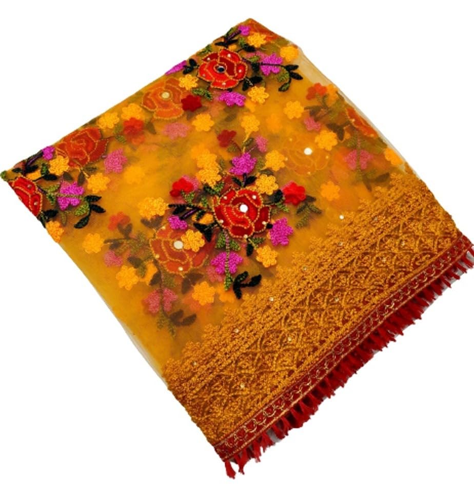 M P STOREWomen's Heavy Net Fancy Festival Phulkari White Dupatta For Women