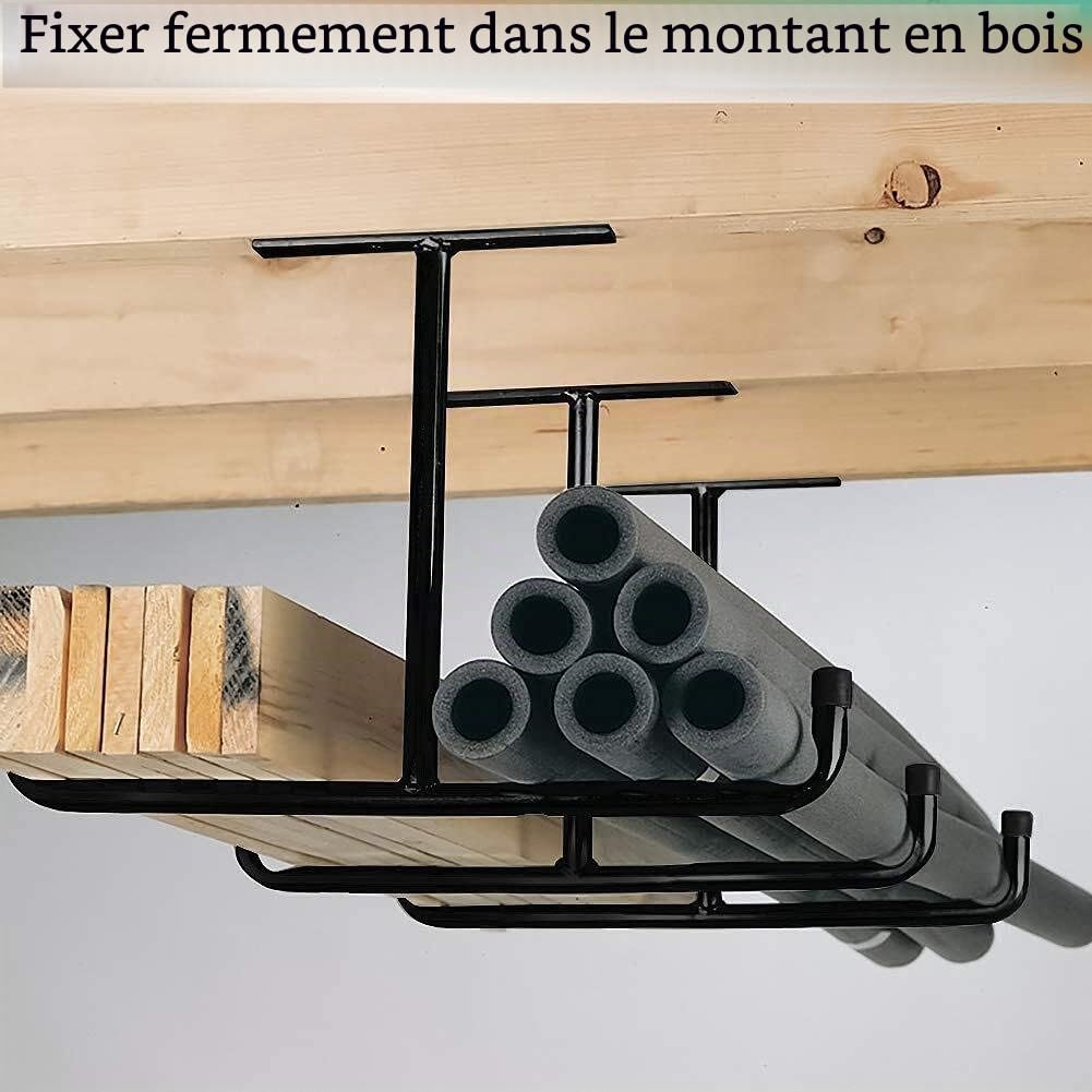Lot de 4 crochets de plafond caoutchoutés pour garage - En acier noir - Double pointe - 20 cm - Pour échelle et équipements de sport tels que ski, planche de surf, canne à pêche