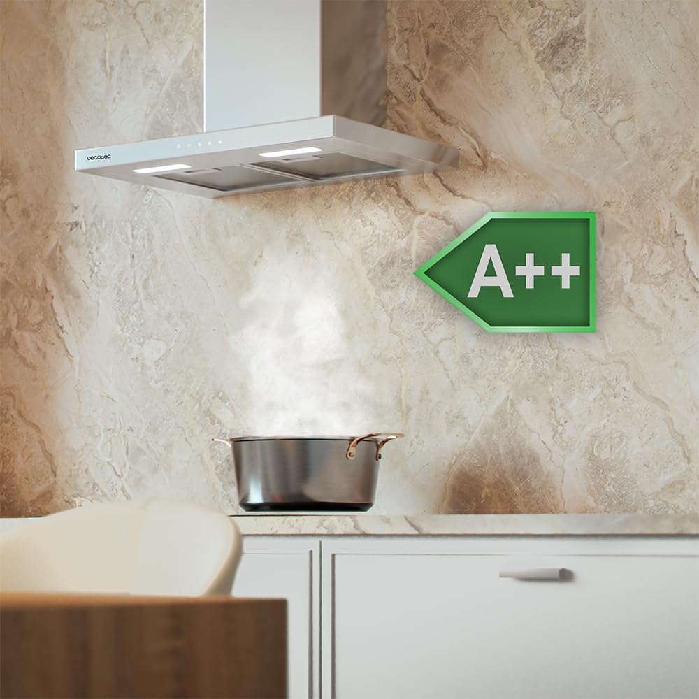 Cecotec Cappa aspirante 60 cm Tipo T Bolero Flux TT 604000 Inox A++. Aspirazione 393m3/h, motore DC, 3 velocità, SS Touch Control, finitura inossidabile, luce LED, filtri in alluminio e carbonio