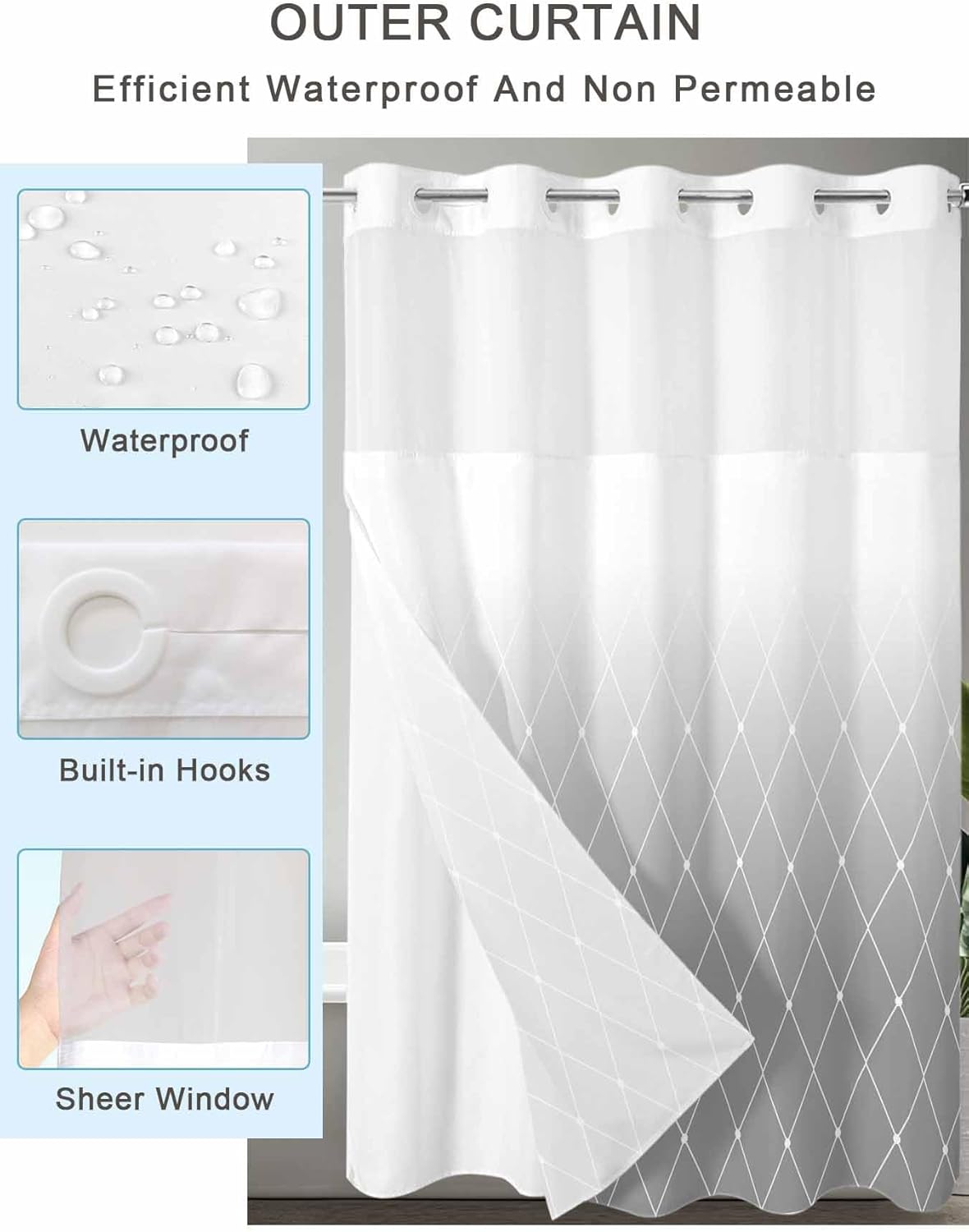 No Hook Shower Curtains with Snap-in Liner Set, Gray Ombre Waterproof Hotel Style Bathroom Shower Curtain, Modern Geometric Abstract Rhombus Striped Breathable Mesh Top Window Bath Curtains 72''x72''