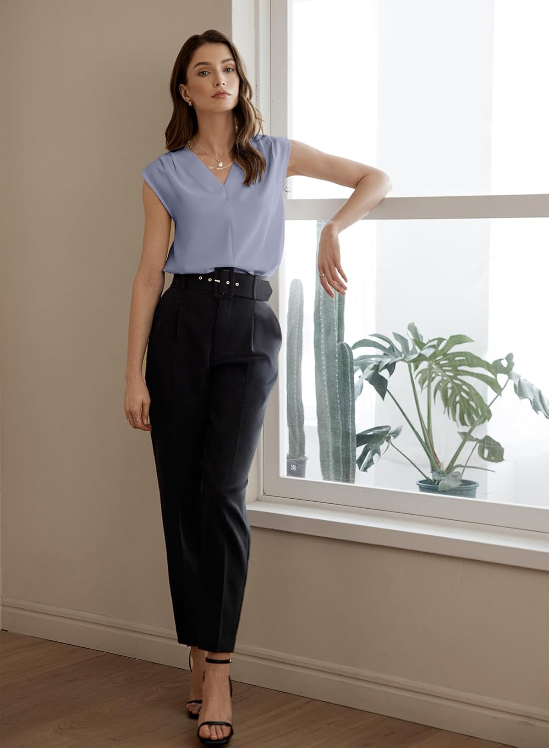 EVALESS Women's Pleated V Neck Sleeveless Tank Top - Image 5