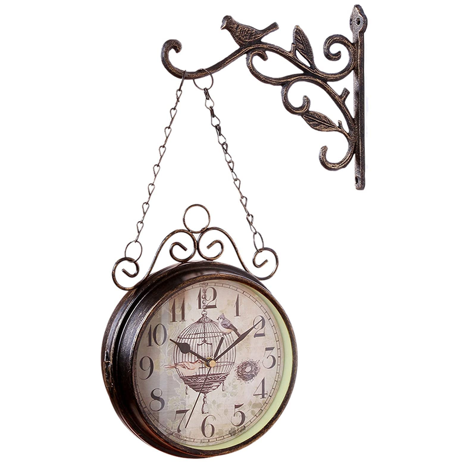 MYUYEE Double-Sided Outdoor Garden Clock - Outdoor Wrought Iron Garden Clock Fashion Double-Sided Wall Metal Clock Wall ClockClock with Bell Shape,A