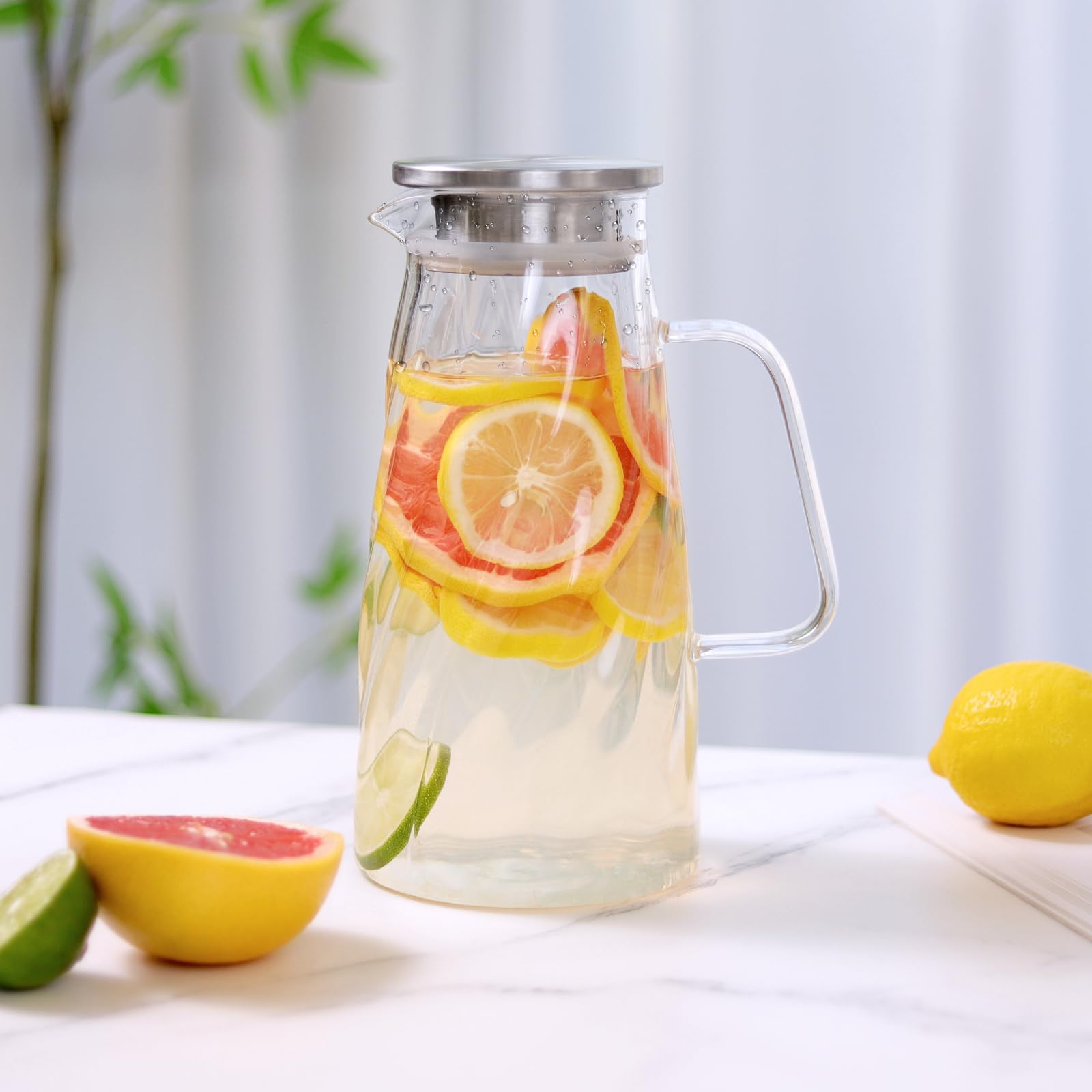 Vzaahu Carafe en verre avec couvercle - Carafe à eau glacée - 1,7 litres 57 onces - Verre borosilicate - Verre à thé - Verre à vin - Verre à jus - Verre à café - Verre à lait - Théière - Pichet