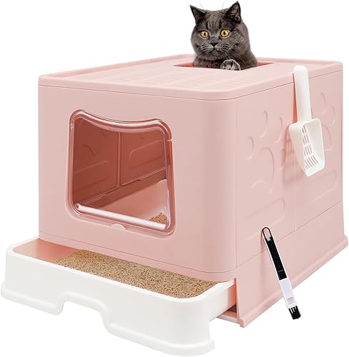Caja de arena plegable para gatos con tapa, orinal cerrado para gatos, inodoro para gatos antisalpicaduras, fácil de limpiar, incluye pala de arena