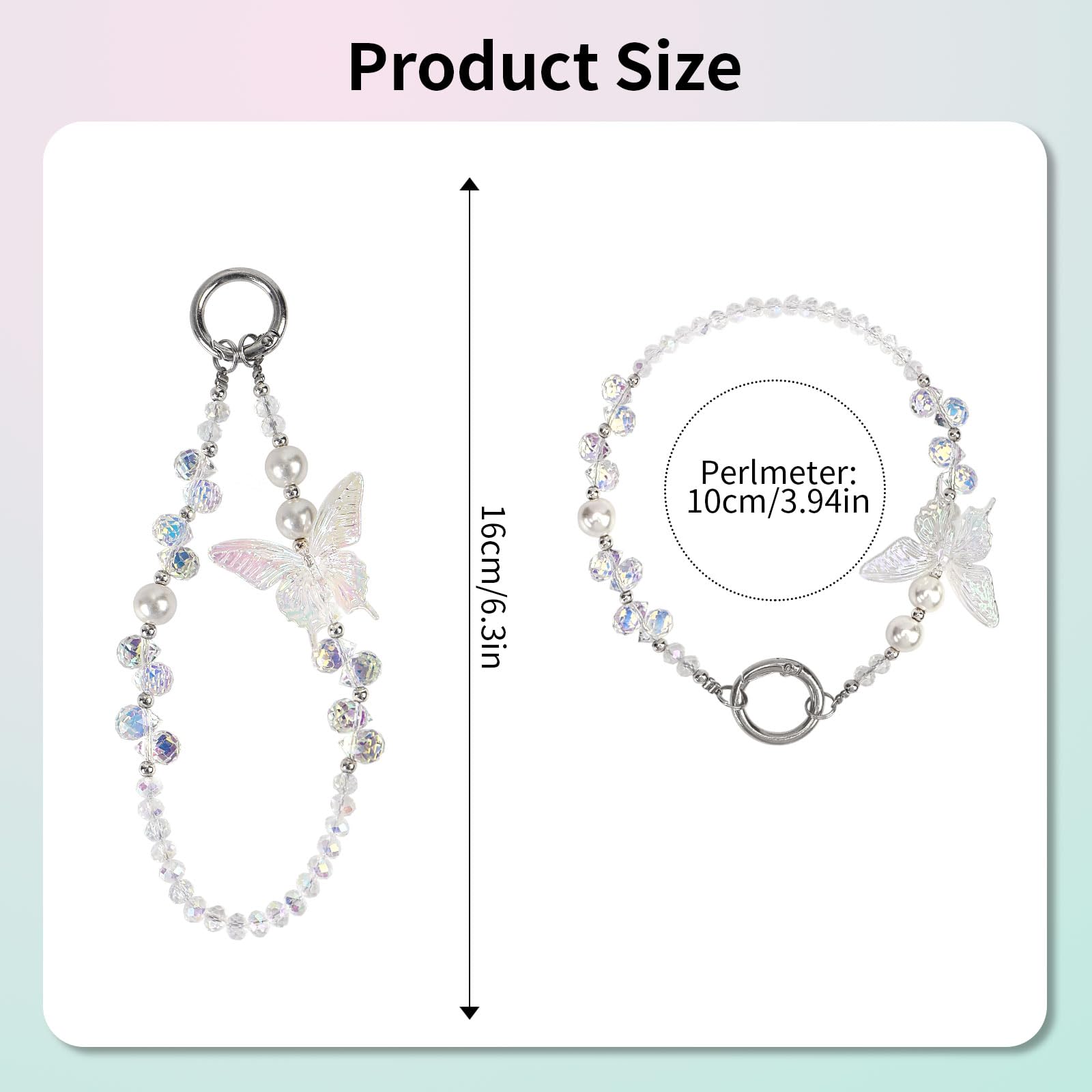Fycyko Beaded Phone Wrist Strap,Crystal Glitter Cute Butterfly Keychain Wristlet,Phone Chain Wristlet Purse Bag Charms — view 2