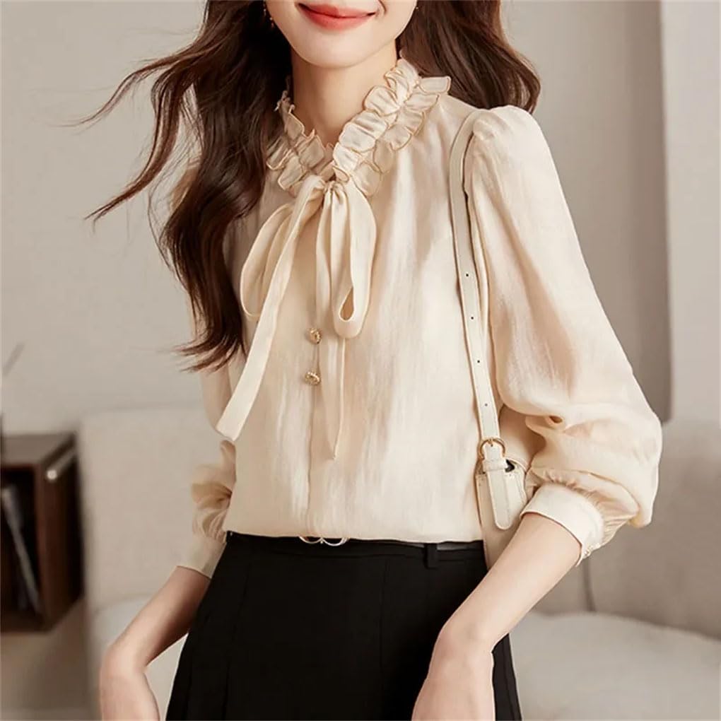 Blusa de gasa con volantes para mujer, color liso, casual, de manga larga, con lazo, con cordones