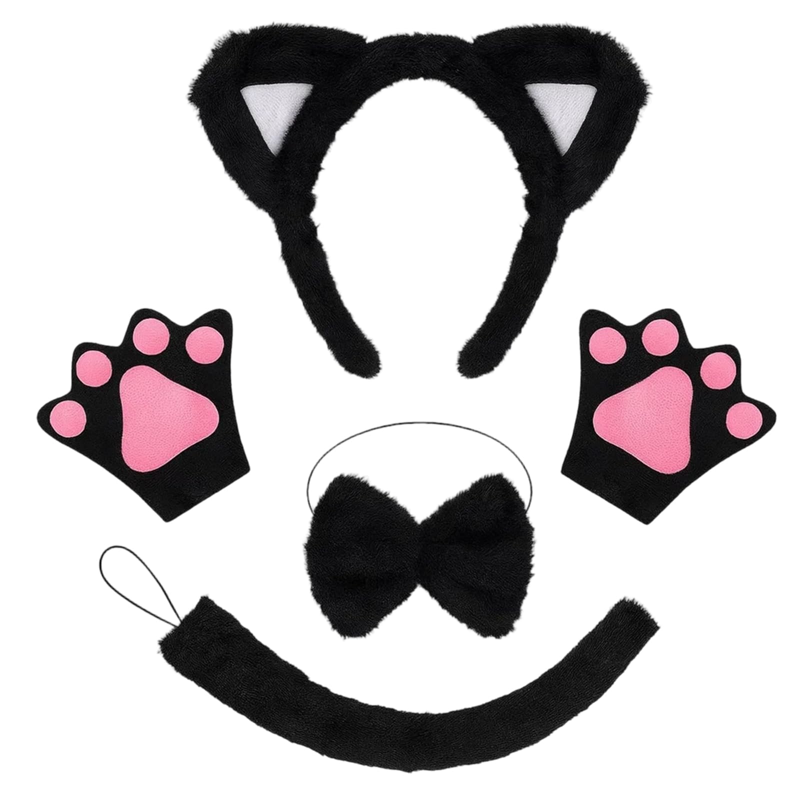 SrgPui 4Pcs Cat Ears and Tail, Cat Costume Set including Headband, Gloves, Bow Tie and Tail