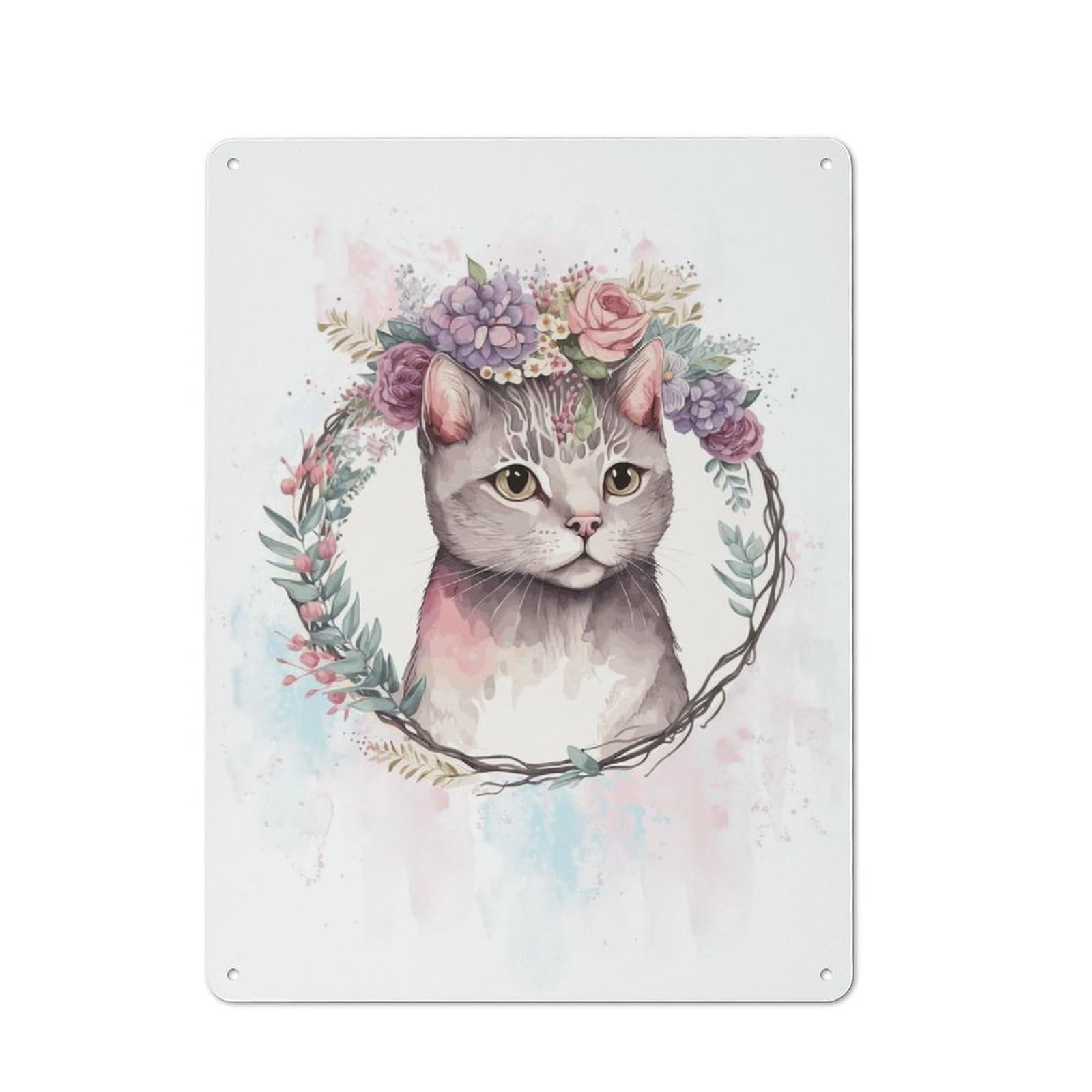 Junmoney Style-2 Cute Floral Shorthair Cat Retro Metal Wall Sign 40X30cm For Café Or Home Bar, For Home Bar Enthusiasts, For Retro Home Interiors