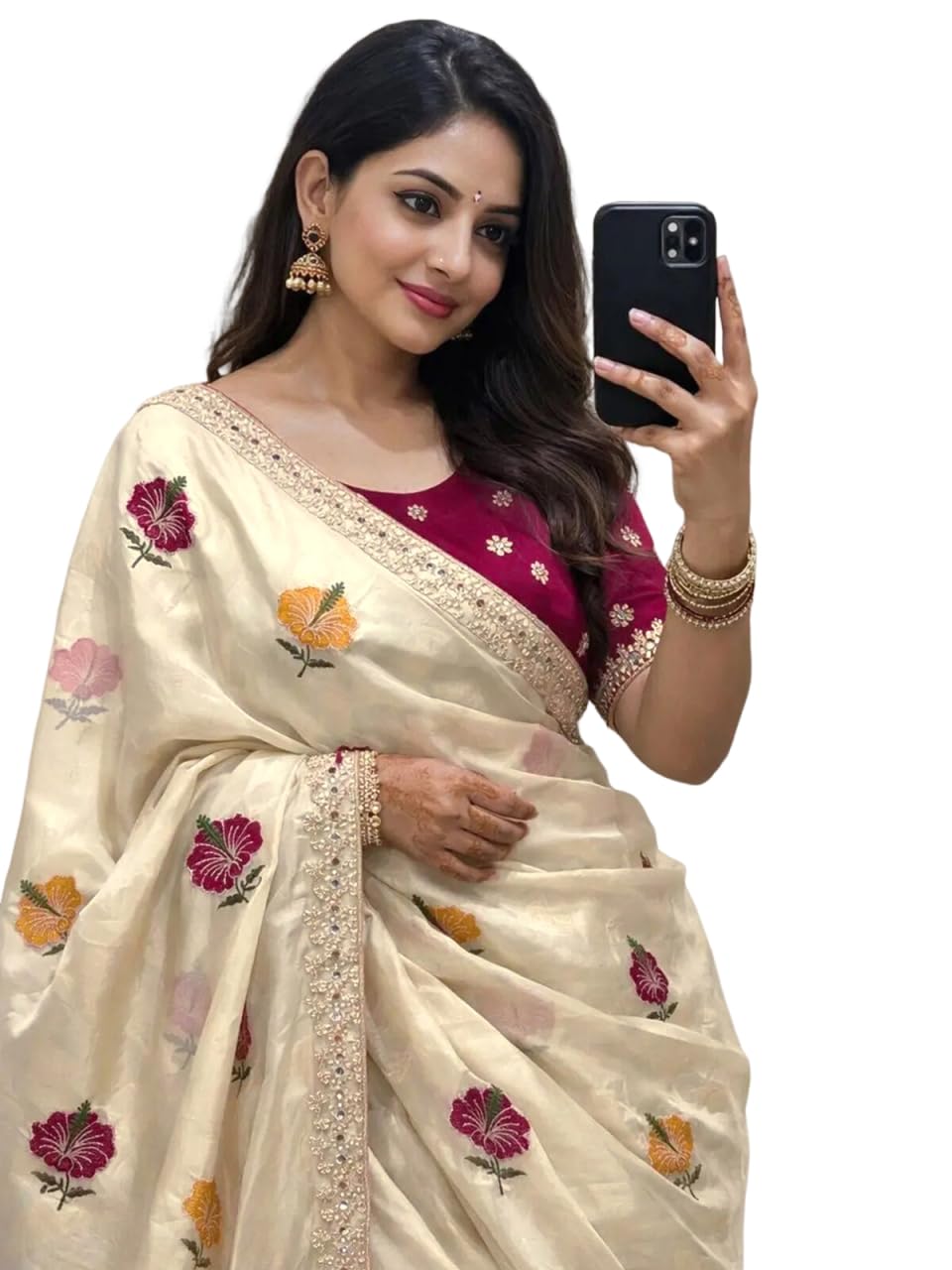 siril Women's Silk Scalloped Border Mirror Work Embroidery Saree with Unstitched Blouse Piece-picture-37