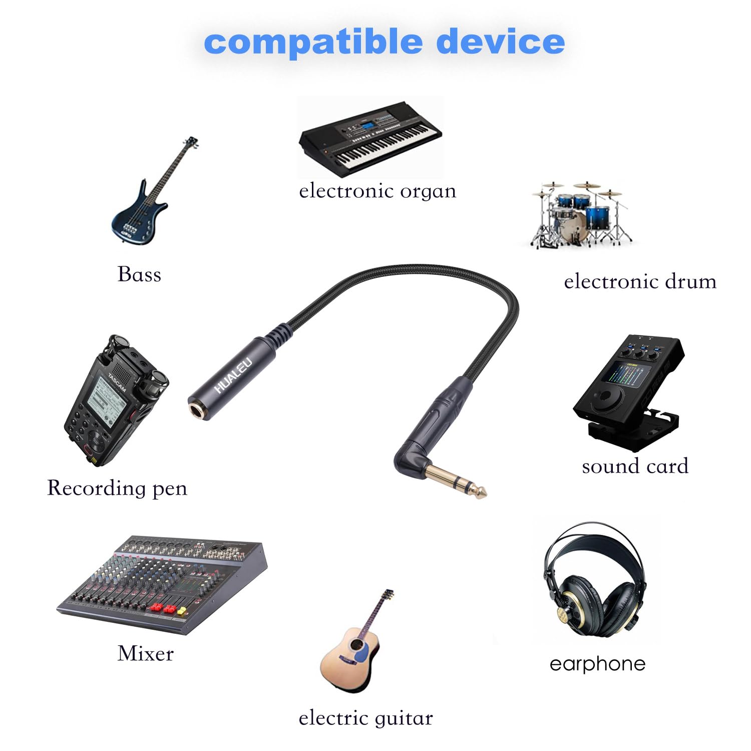 HUAELU Audiokabel, rechtwinklig, 6,35 mm, TRS-Stereo-Stecker auf Buchse, 6,35 mm Stereo-Stecker auf 1/4-Zoll-Buchse, Stereo-Gitarren-Verlängerungskabel für Verstärker, Kopfhörer, 2 Stück