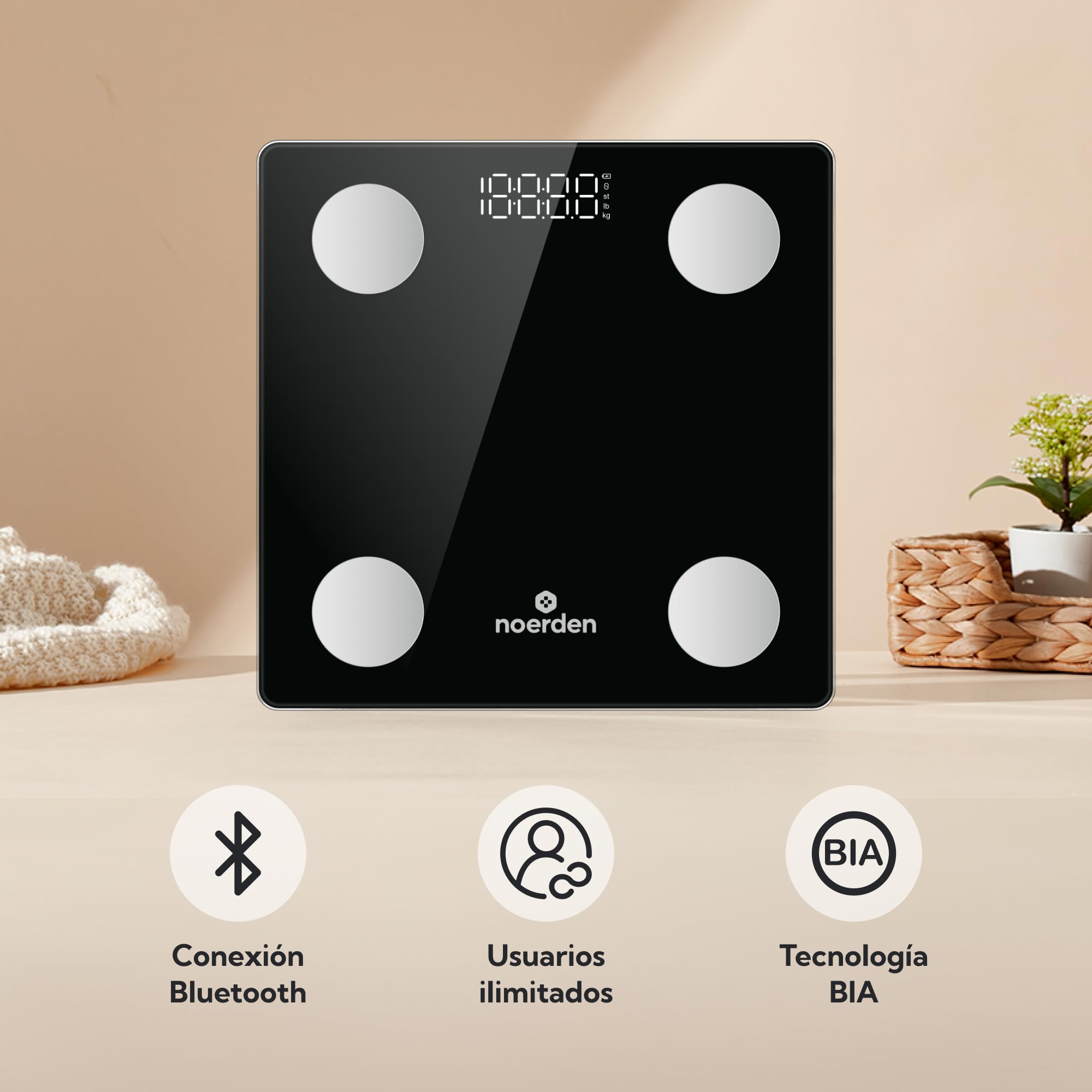 NOERDEN - Báscula Inteligente VITA - Báscula de Peso Corporal - Tecnología Step-On, Bluetooth, Pantalla LED y Vidrio Templado - Analiza 13 Métricas Corporales - Negro