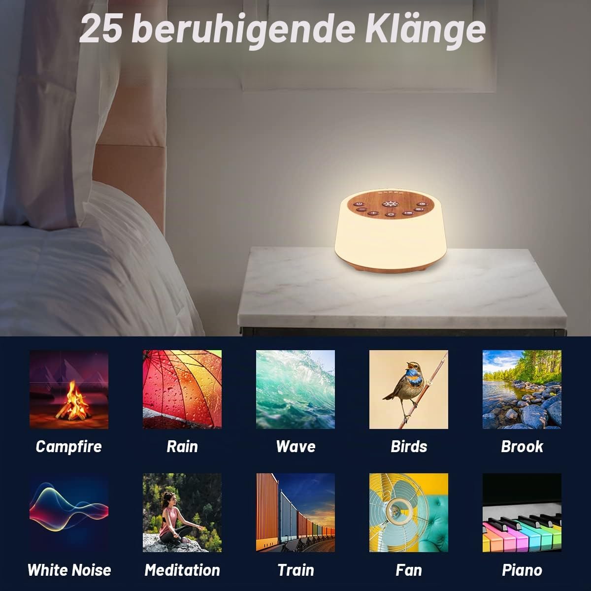 Color Noise Soundmaschine mit 10 Farben Nachtlicht, 25 Geräusche, 32 Lautstärkestufen, 3 Helligkeitsstufen, 5 Timer und Memoryfunktion