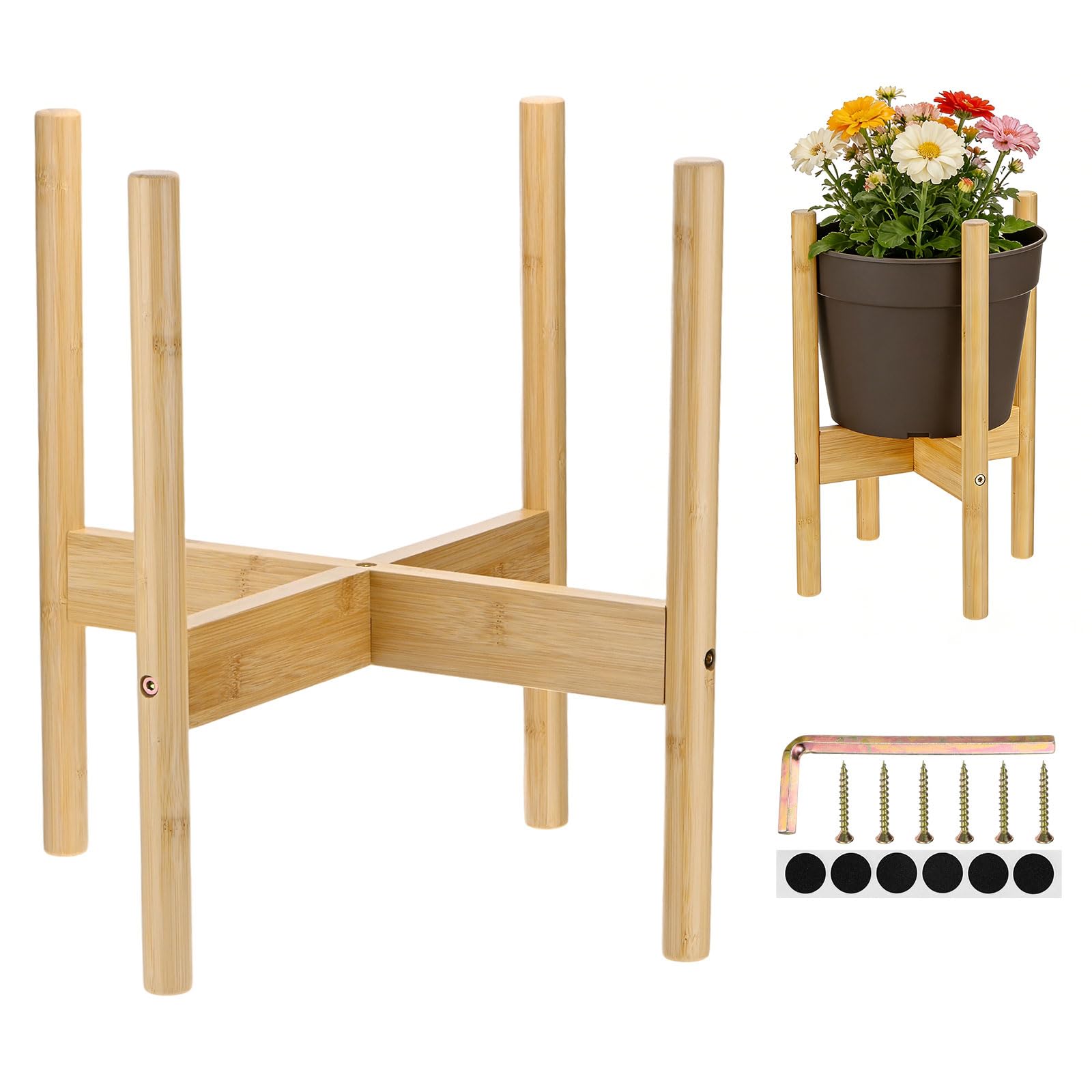M METERXITY 1-Pack Bamboo Plant Stand, 13.78 Inch Fixed Size Pot Stand for Indoor Outdoor (Plant Not Included)/Big Pots/Garden/Patios, Mid Century Modern Flower Pot Holder [Bamboo]