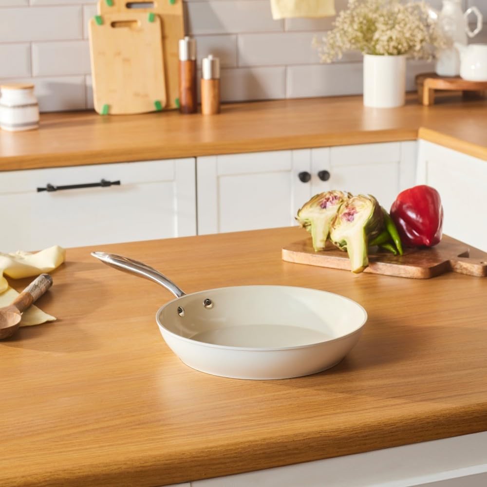 KARACA Swiss Crystal Almond Cream 26 cm Non‑Stick Induction Pan with Stainless Steel Handle – PFAS/PFOA‑Free Ceramic Coating, Dishwasher Safe, Cream Finish