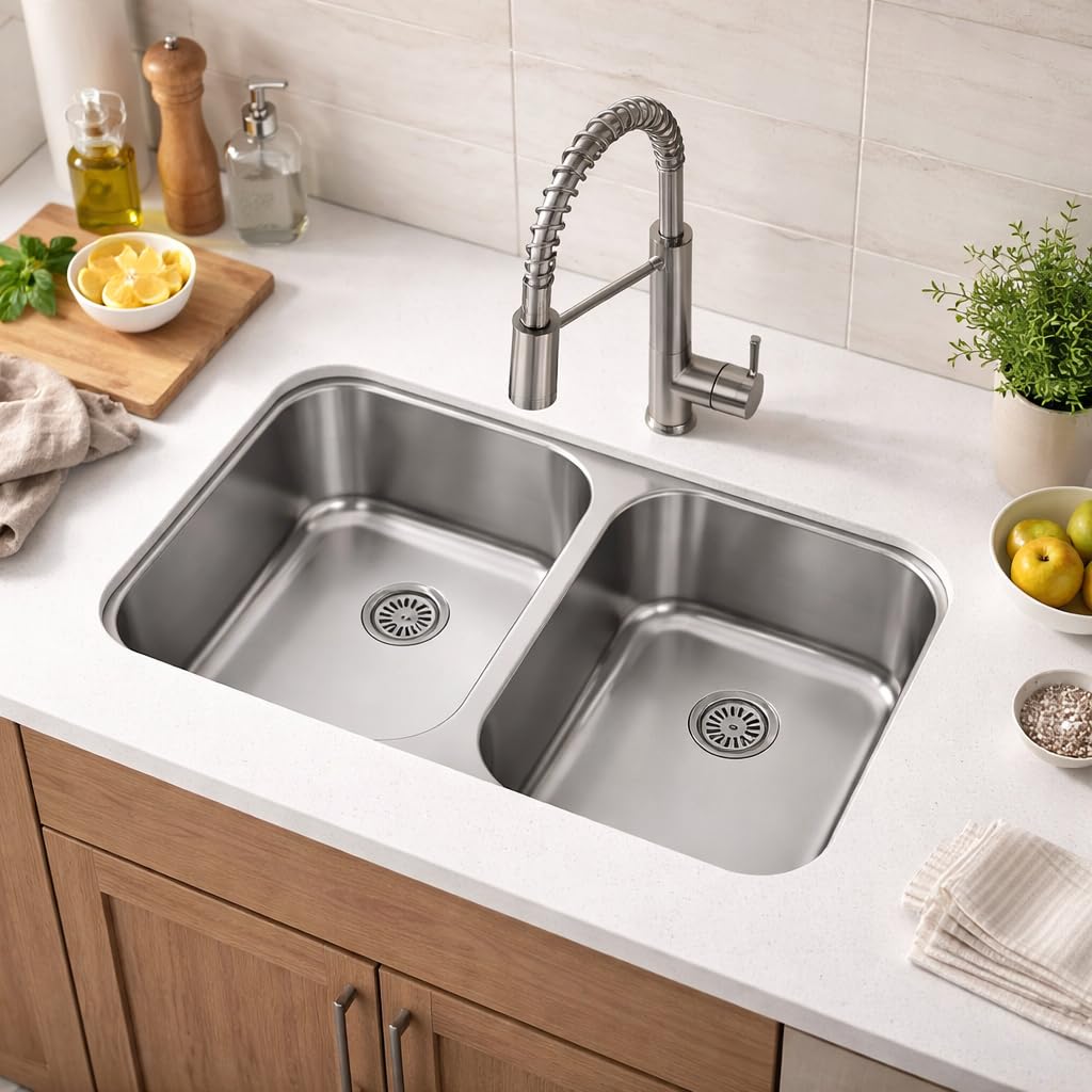 Cata Fregadero Cocina Bajo Encimera 2 Senos CB-2 /B Cuadrado, 79x46 cm, Profundidad 20 cm, Fonoabsorbente, Accesorios Incluidos, Instalación en Mueble de 90 cm, Acero Inoxidable Gris