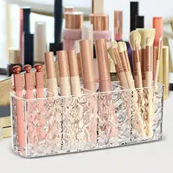 Organizador Maquiagem Acrílico Texturizado 4 Divisórias – Organizador Multiuso Elegante para Cosméticos, Batons e Cremes