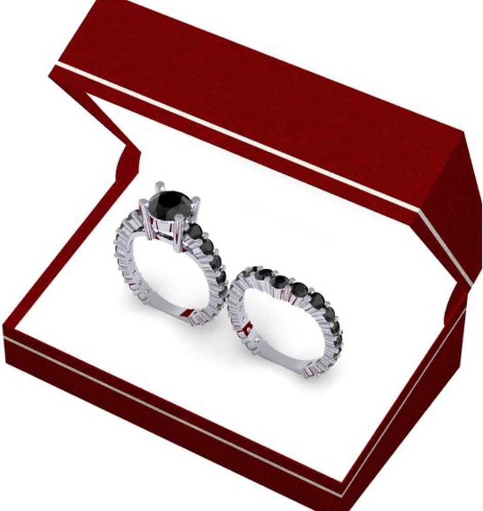 Dazzlingrock Collection 5.25 Ctw 14K Real Solid Gold Round Cut Black Natural Diamond Women Bridal Engagement Ring with Matching Band Set