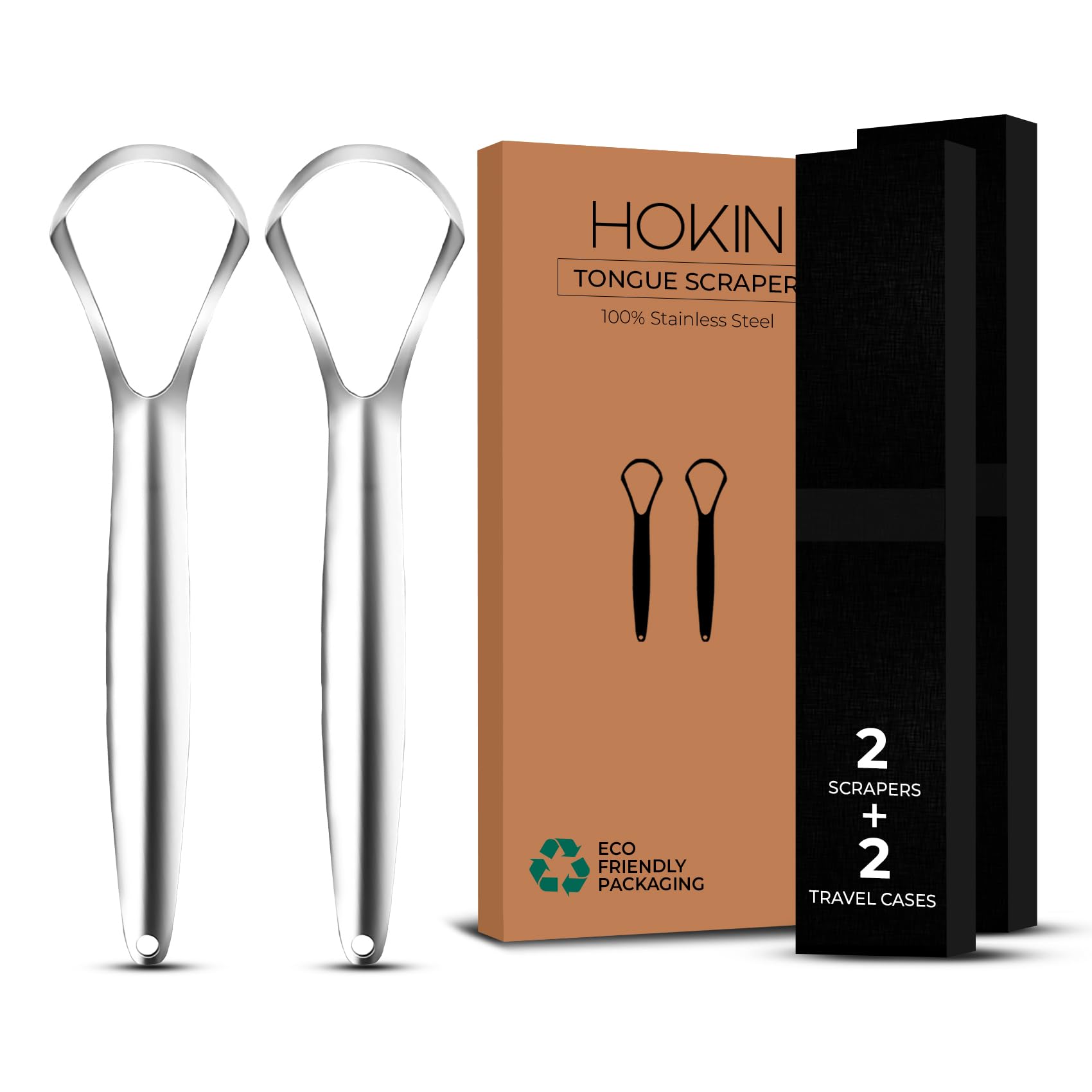 HOKIN Tongue Scraper for Adults with Travel Cases (2Pcs Oral Care Pack) - 100% Metal Spoon Shaped Tongue Cleaners, Tough Scrapers for Oral Hygiene