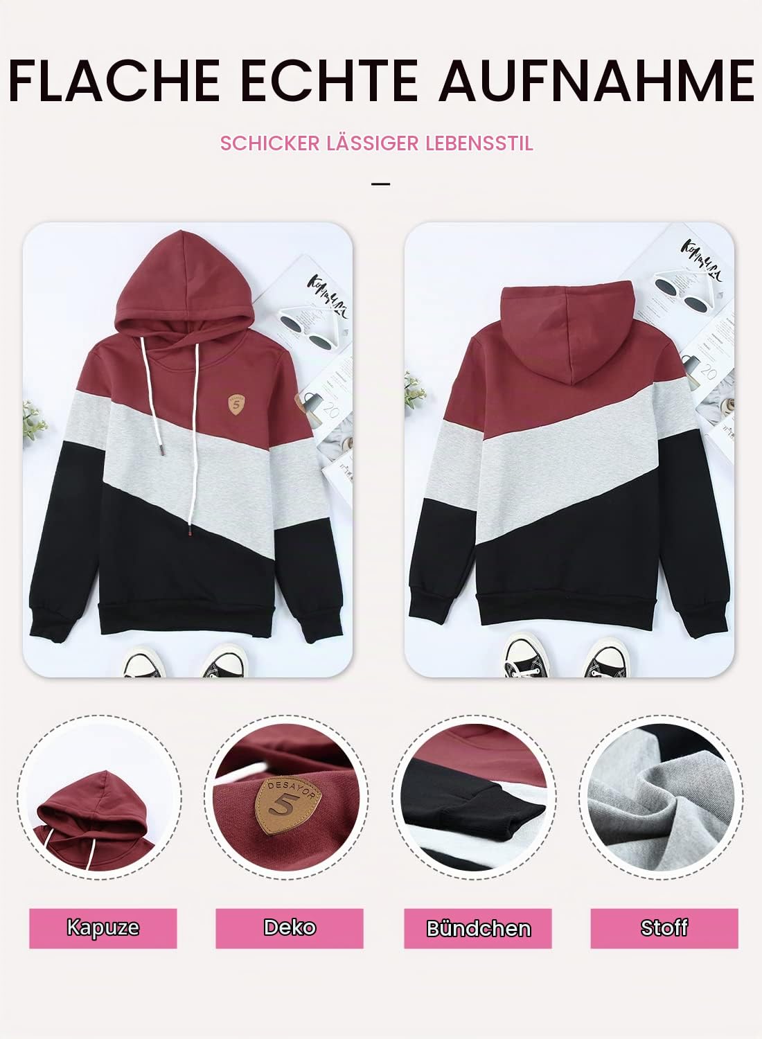 Dokotoo Damen Kapuzenpullover Stehkragen Hoodie Pullover Farbblock Sweatshirt Langarmshirt Oberteile für Herbst Winter S-3XL